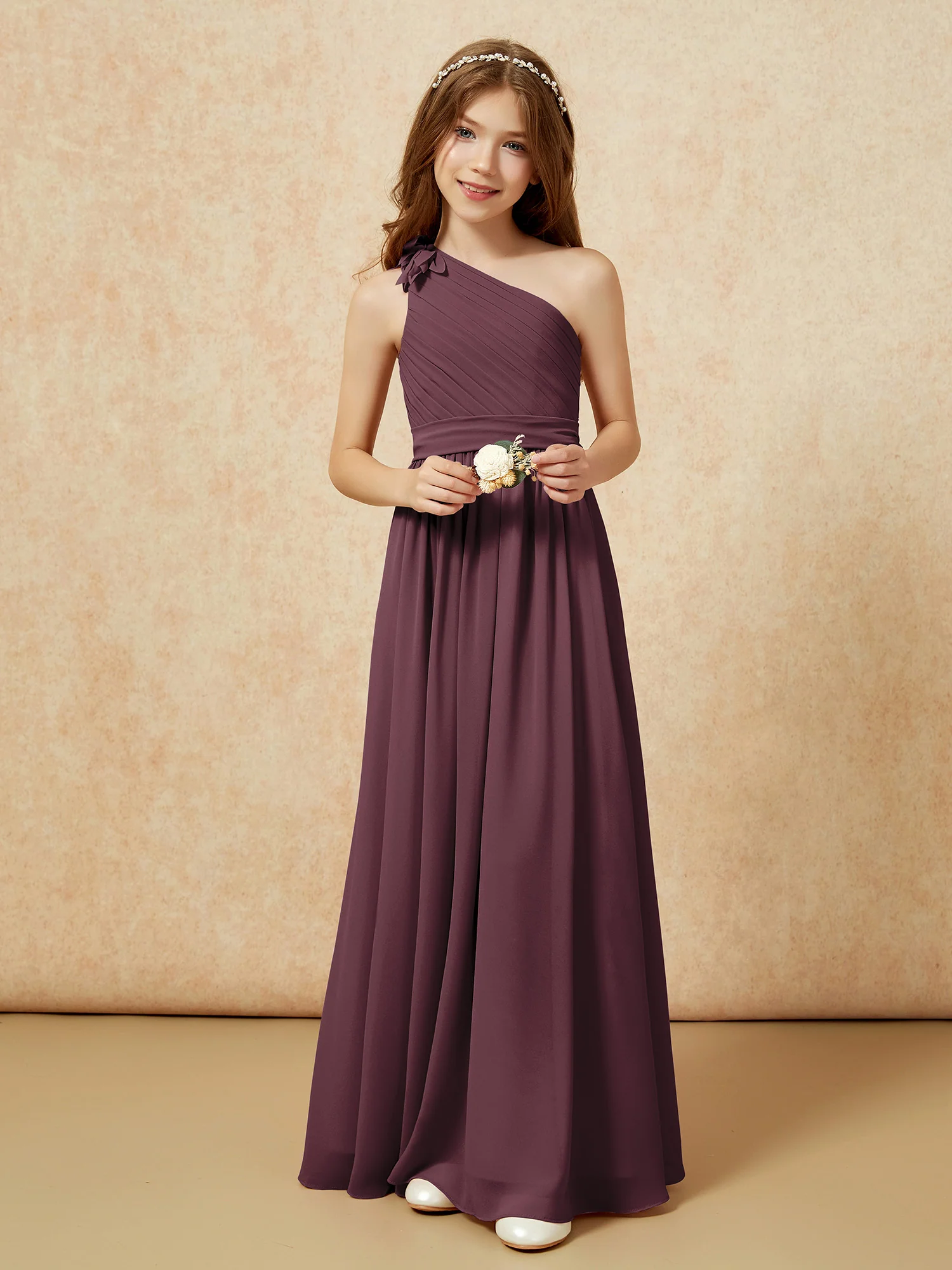 One Shoulder Long Junior Bridesmaid Dress With Belt Cabernet - Image 6