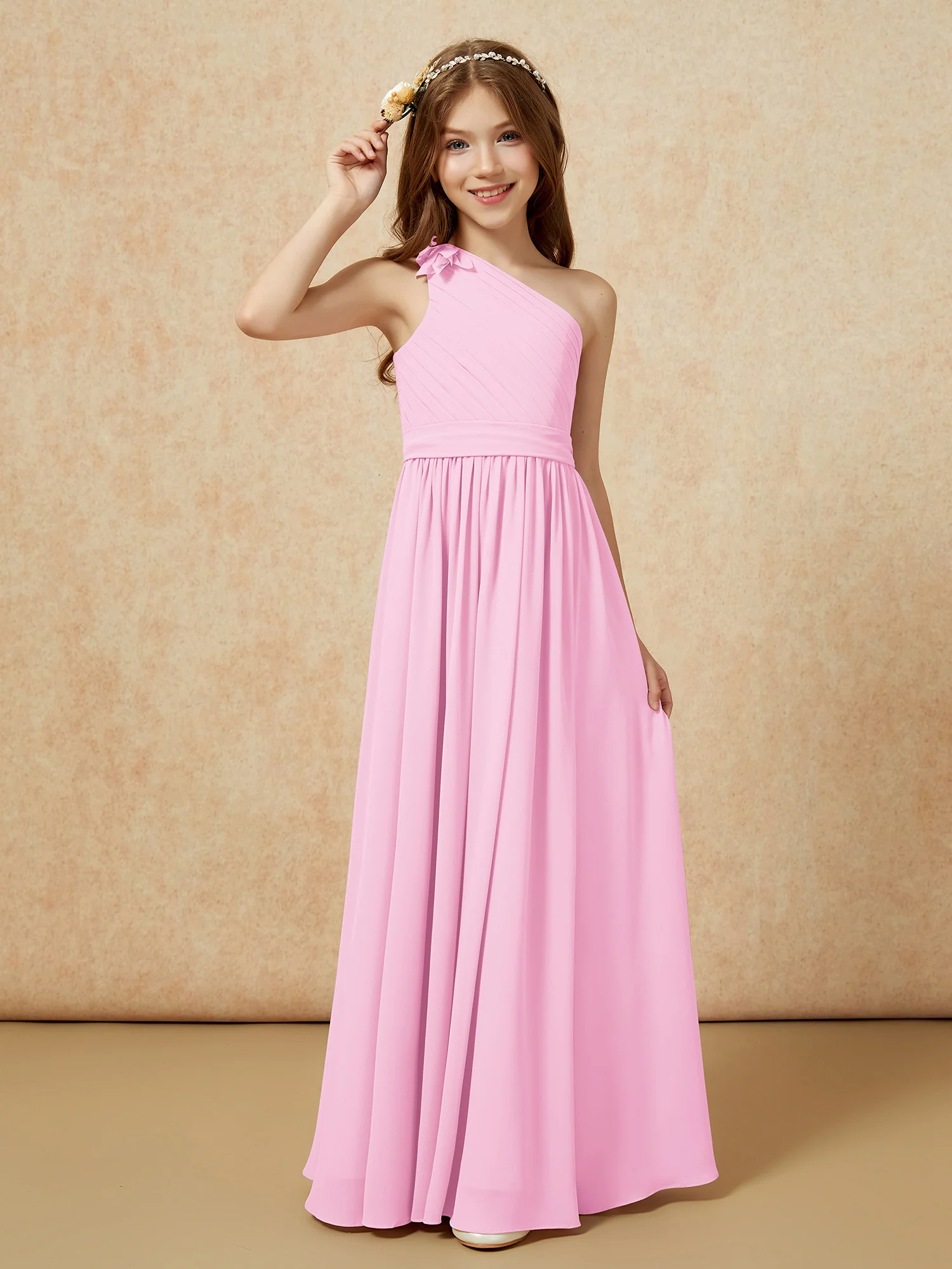 One Shoulder Long Junior Bridesmaid Dress With Belt Candy Pink - Image 3