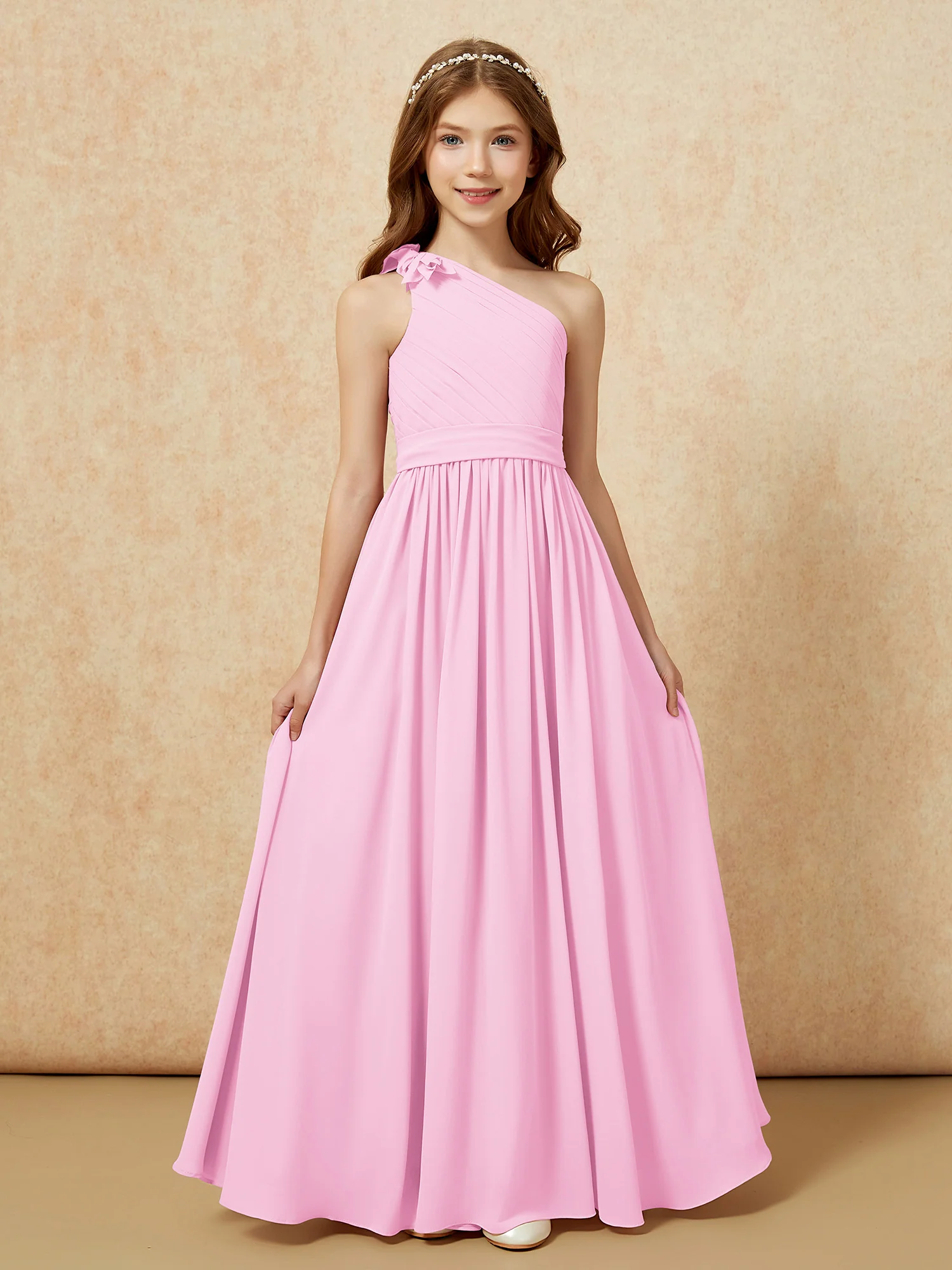 One Shoulder Long Junior Bridesmaid Dress With Belt Candy Pink - Image 4