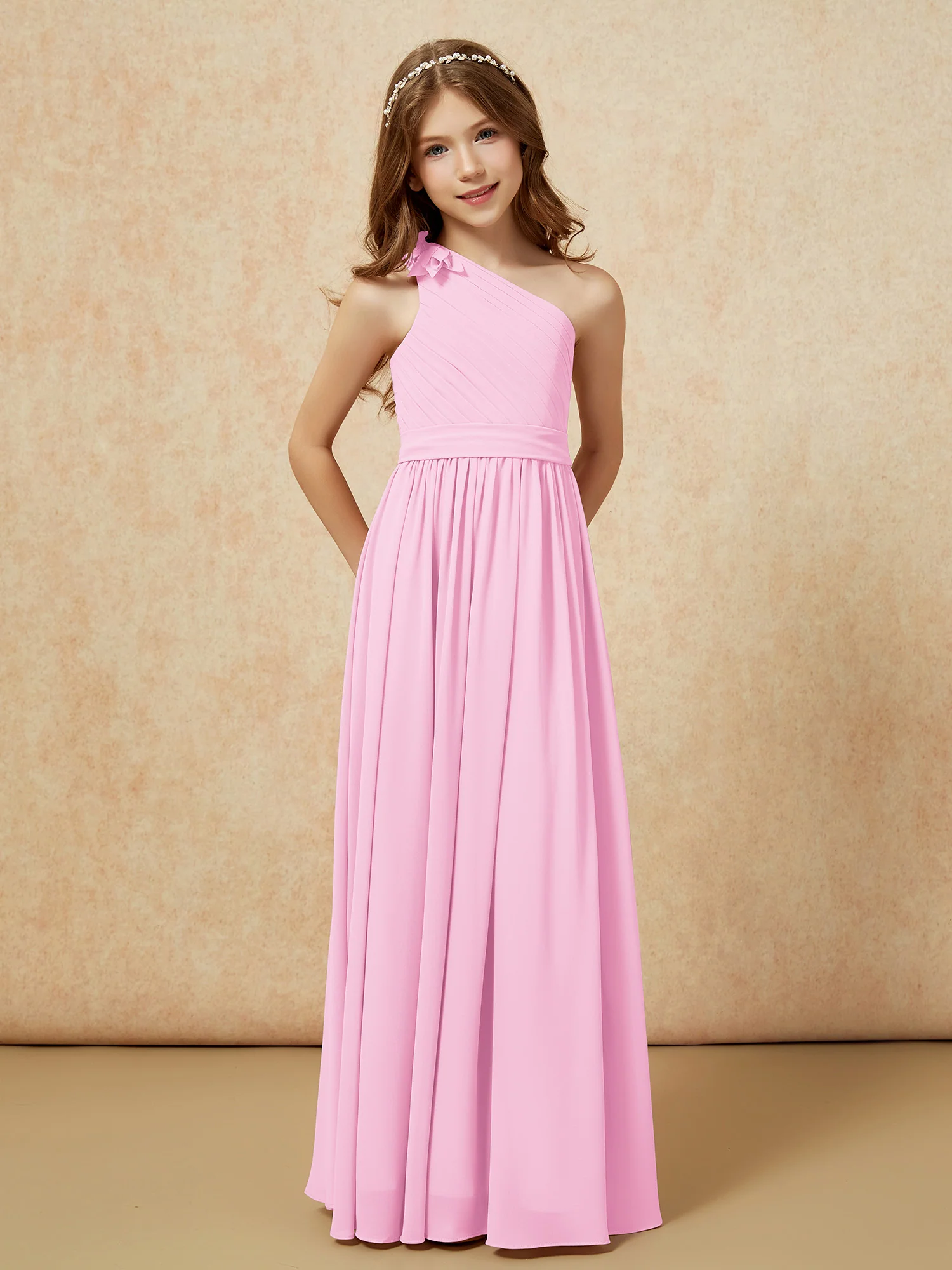 One Shoulder Long Junior Bridesmaid Dress With Belt Candy Pink - Image 5