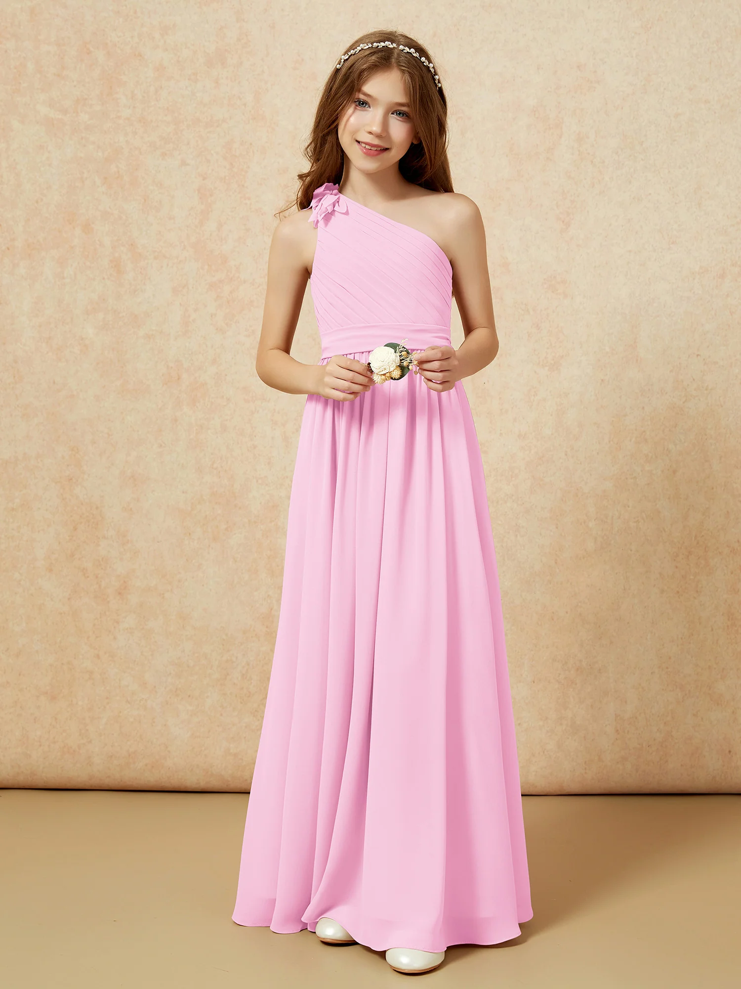 One Shoulder Long Junior Bridesmaid Dress With Belt Candy Pink - Image 6
