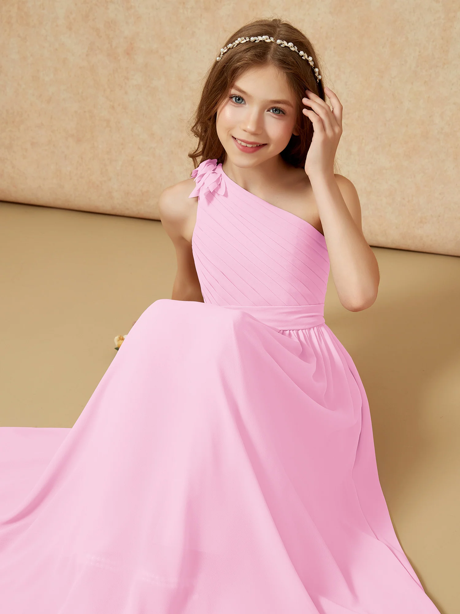 One Shoulder Long Junior Bridesmaid Dress With Belt Candy Pink - Image 7