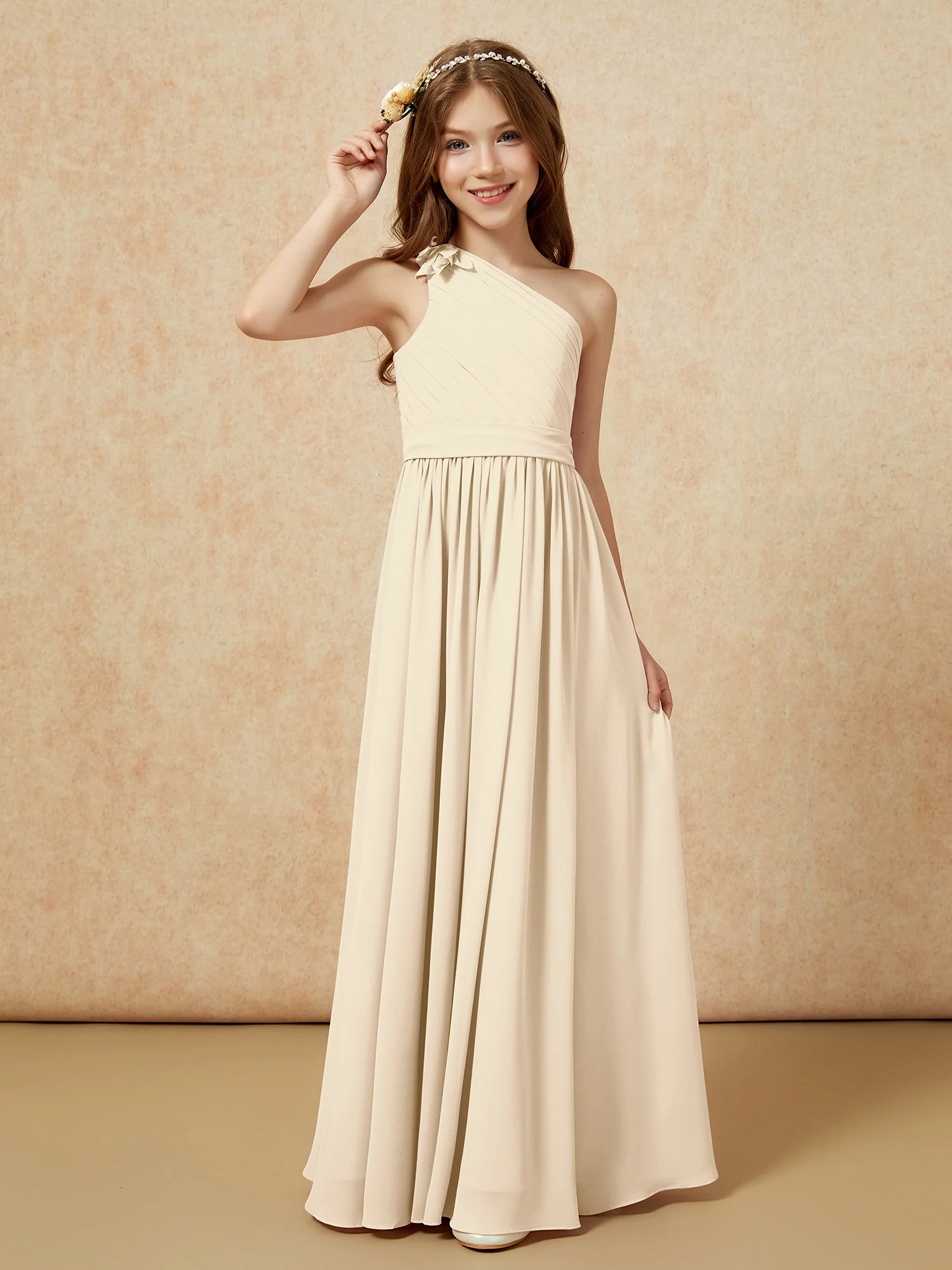 One Shoulder Long Junior Bridesmaid Dress With Belt Champagne - Image 3