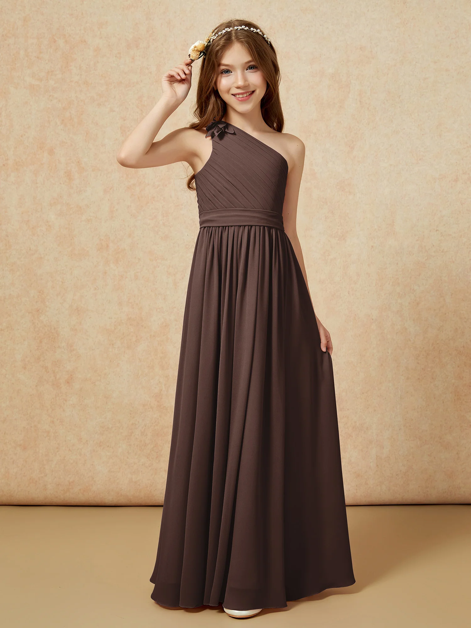 One Shoulder Long Junior Bridesmaid Dress With Belt Chocolate - Image 3