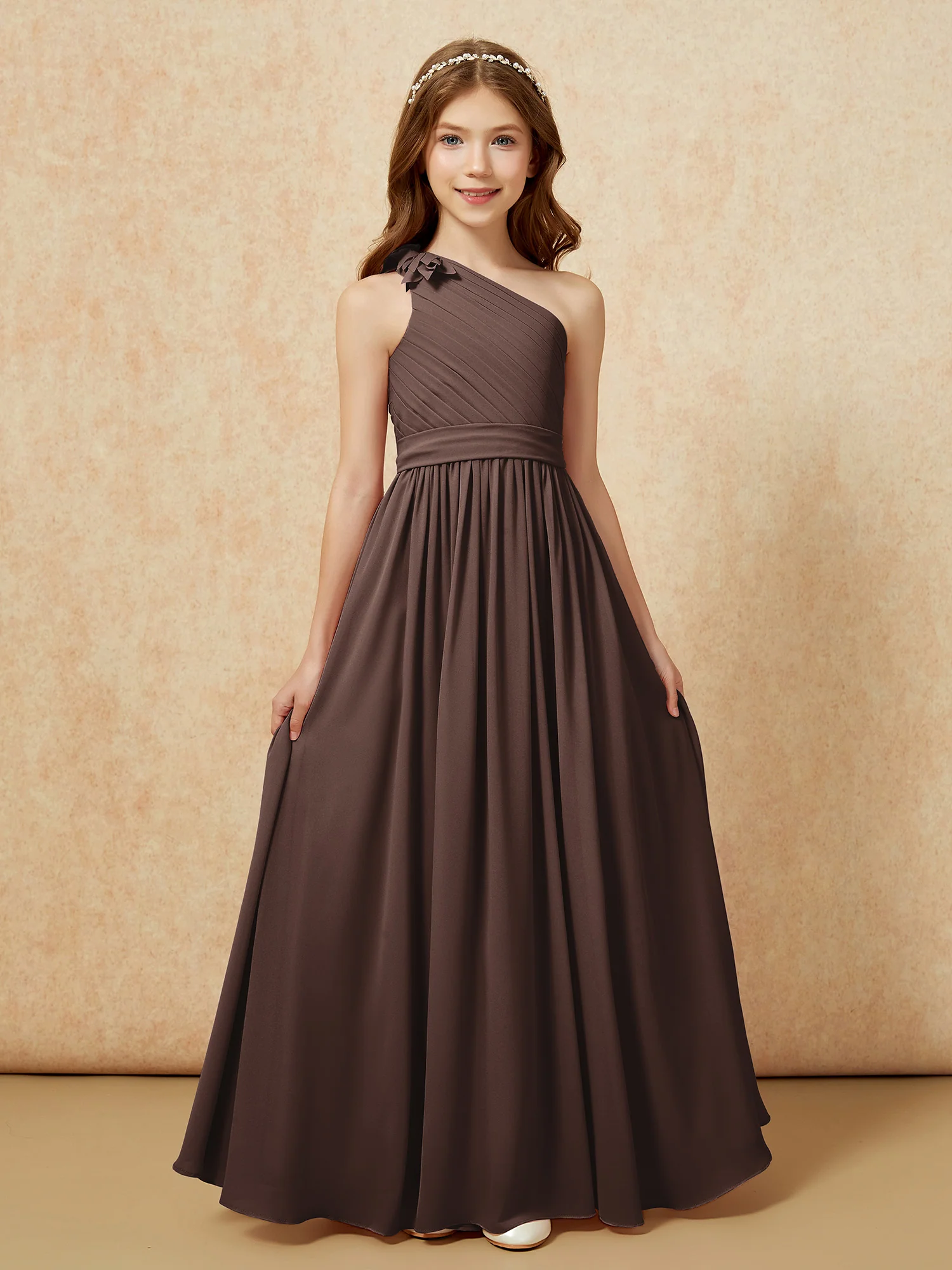One Shoulder Long Junior Bridesmaid Dress With Belt Chocolate - Image 4