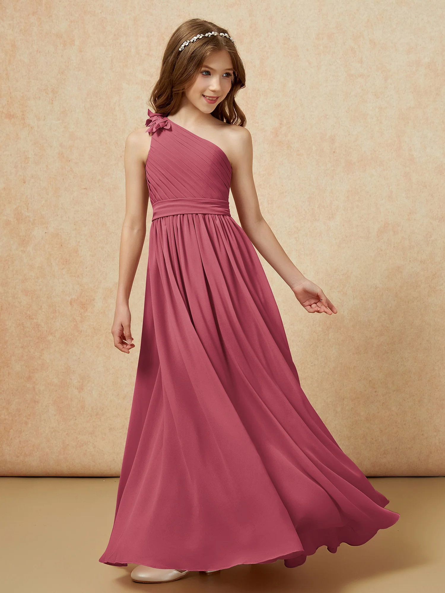 One Shoulder Long Junior Bridesmaid Dress With Belt Cinnamon Rose