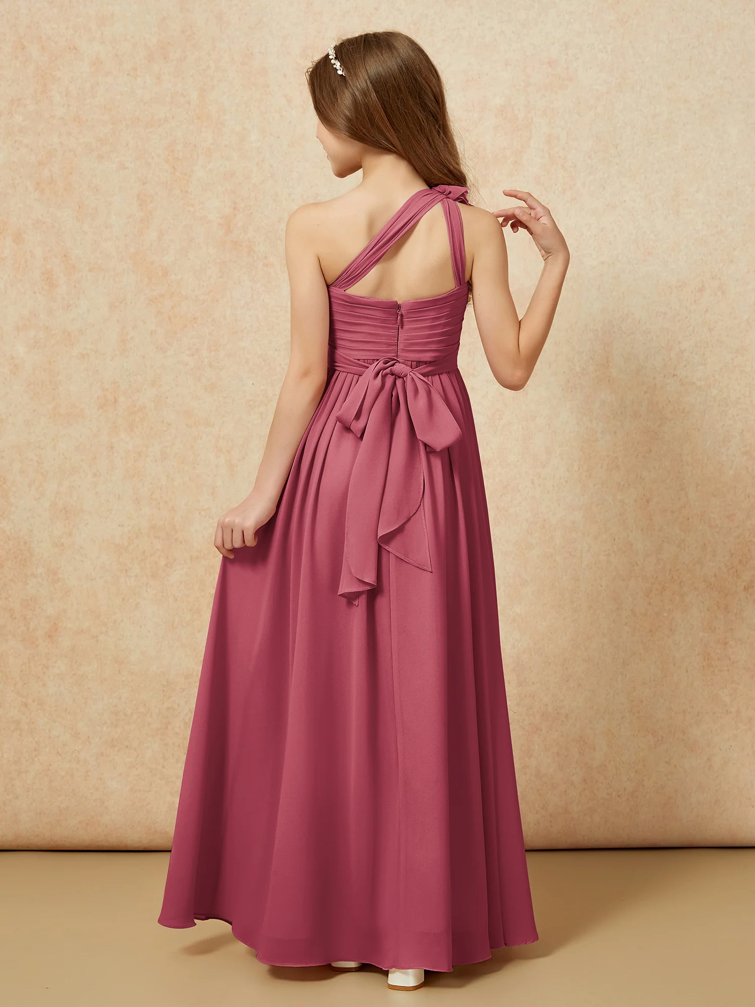 One Shoulder Long Junior Bridesmaid Dress With Belt Cinnamon Rose - Image 2