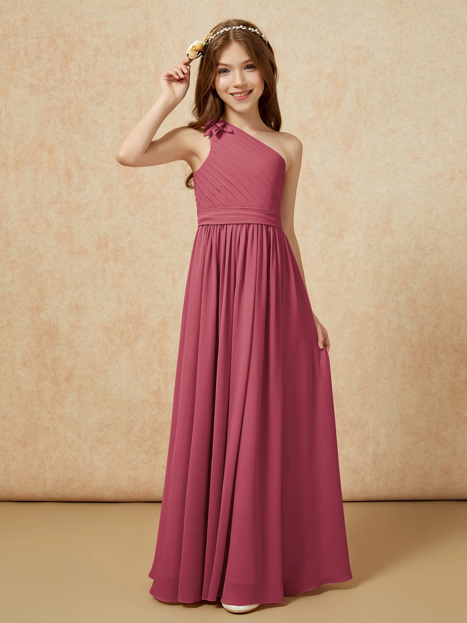One Shoulder Long Junior Bridesmaid Dress With Belt Cinnamon Rose - Image 3