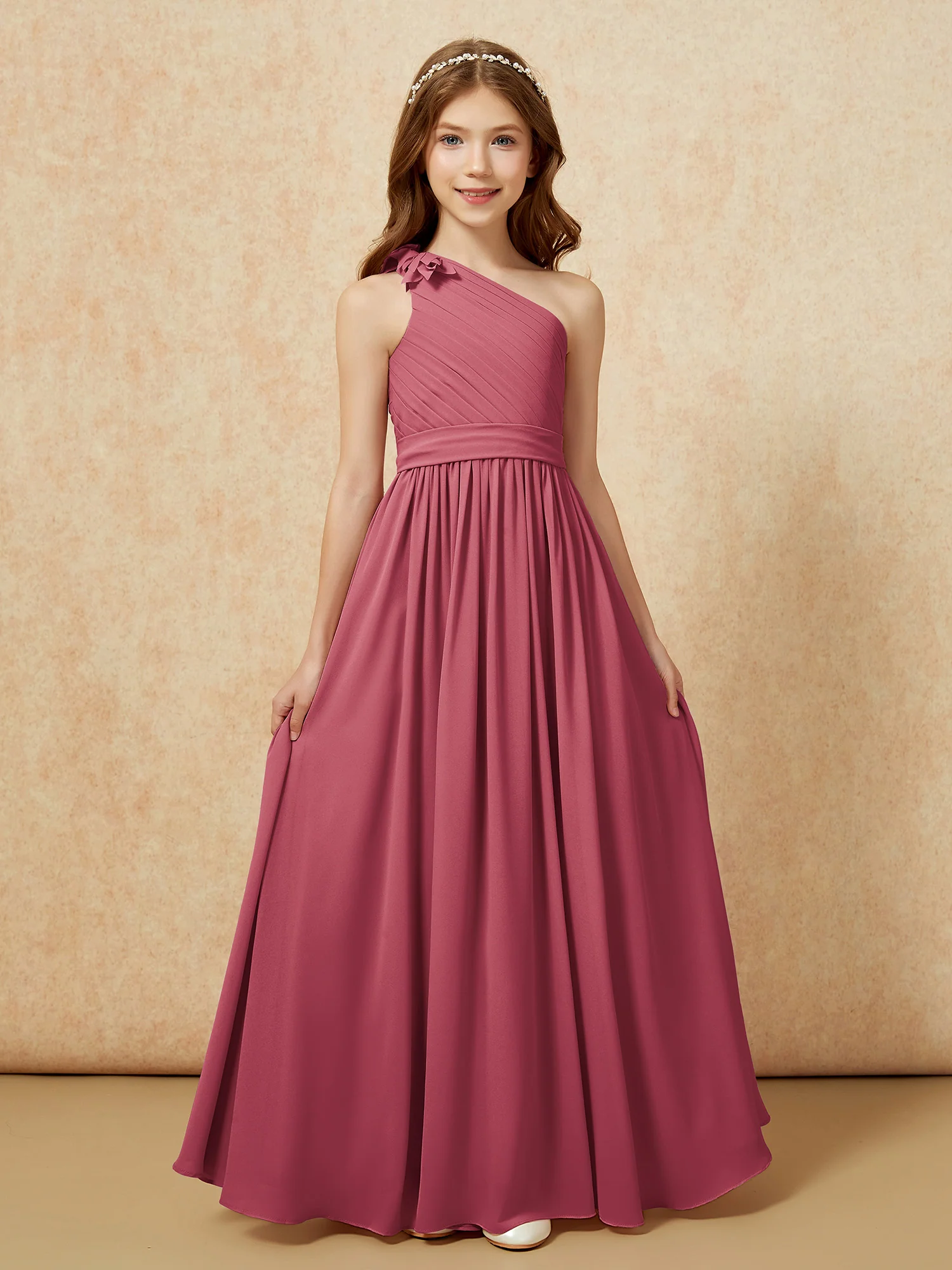 One Shoulder Long Junior Bridesmaid Dress With Belt Cinnamon Rose - Image 4