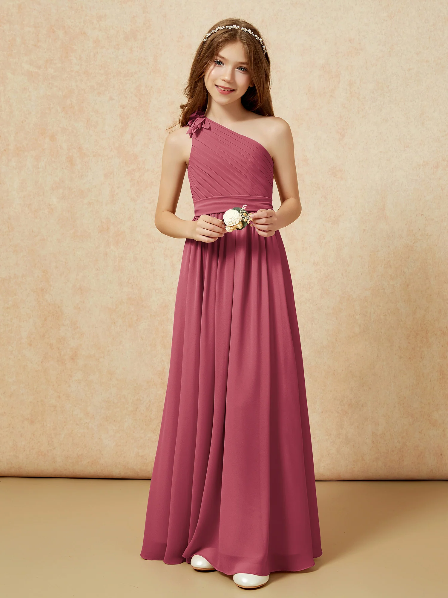 One Shoulder Long Junior Bridesmaid Dress With Belt Cinnamon Rose - Image 6