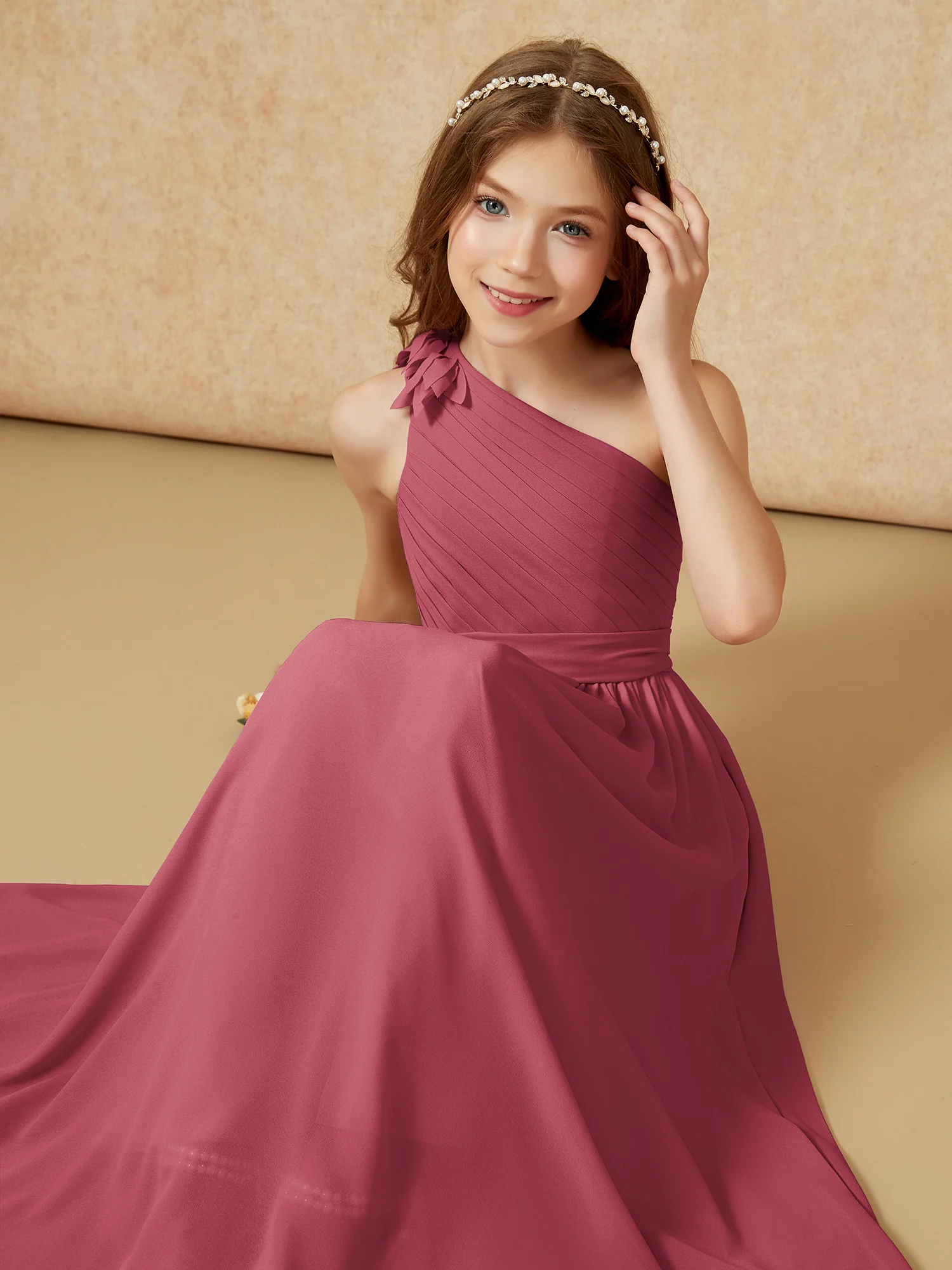 One Shoulder Long Junior Bridesmaid Dress With Belt Cinnamon Rose - Image 7
