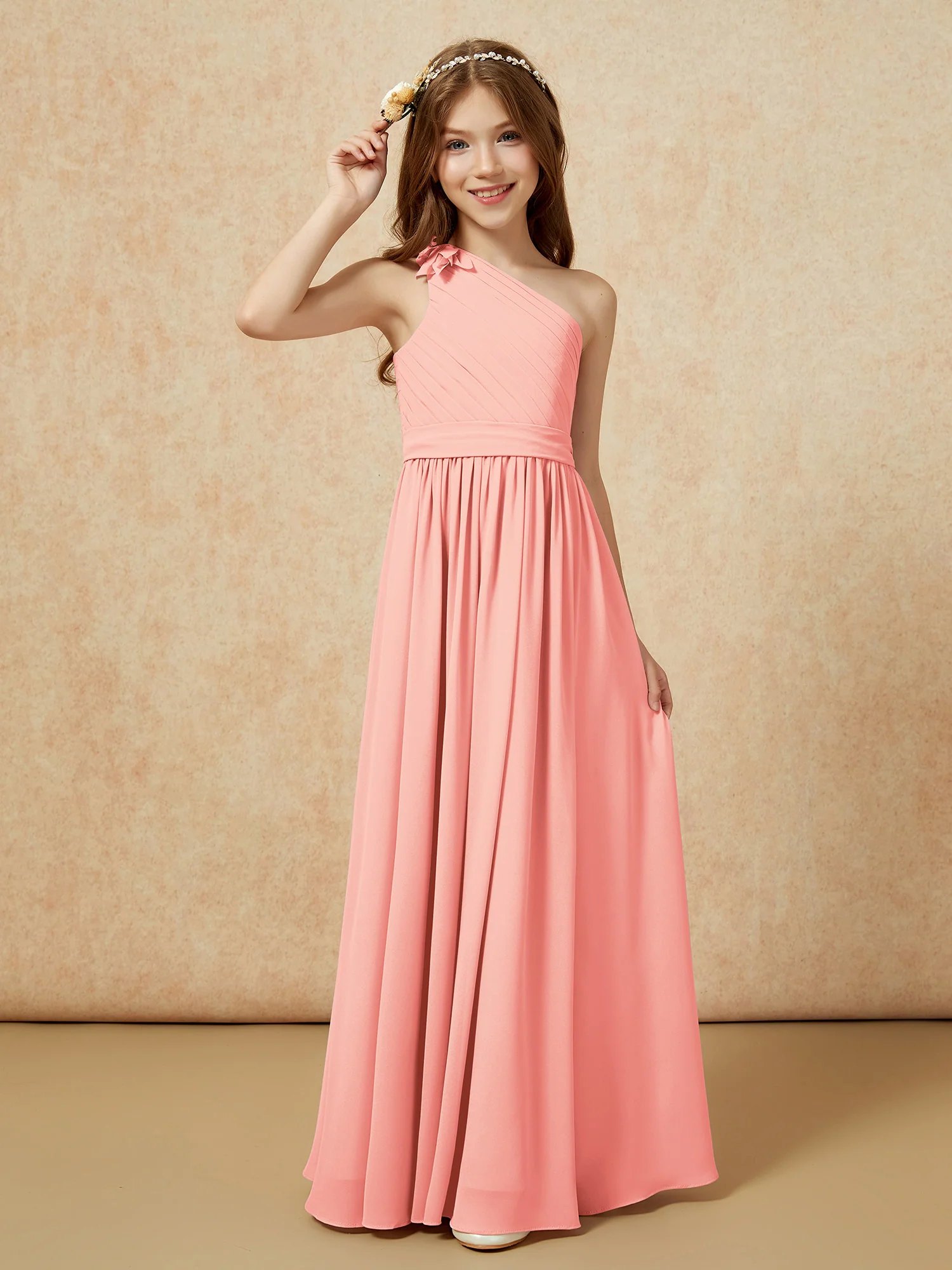 One Shoulder Long Junior Bridesmaid Dress With Belt Coral - Image 3