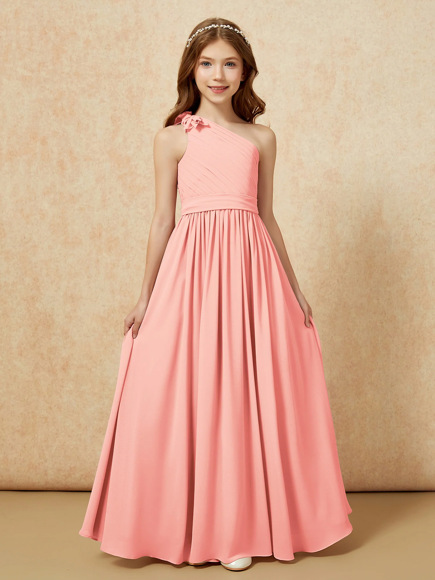 One Shoulder Long Junior Bridesmaid Dress With Belt Coral - Image 4