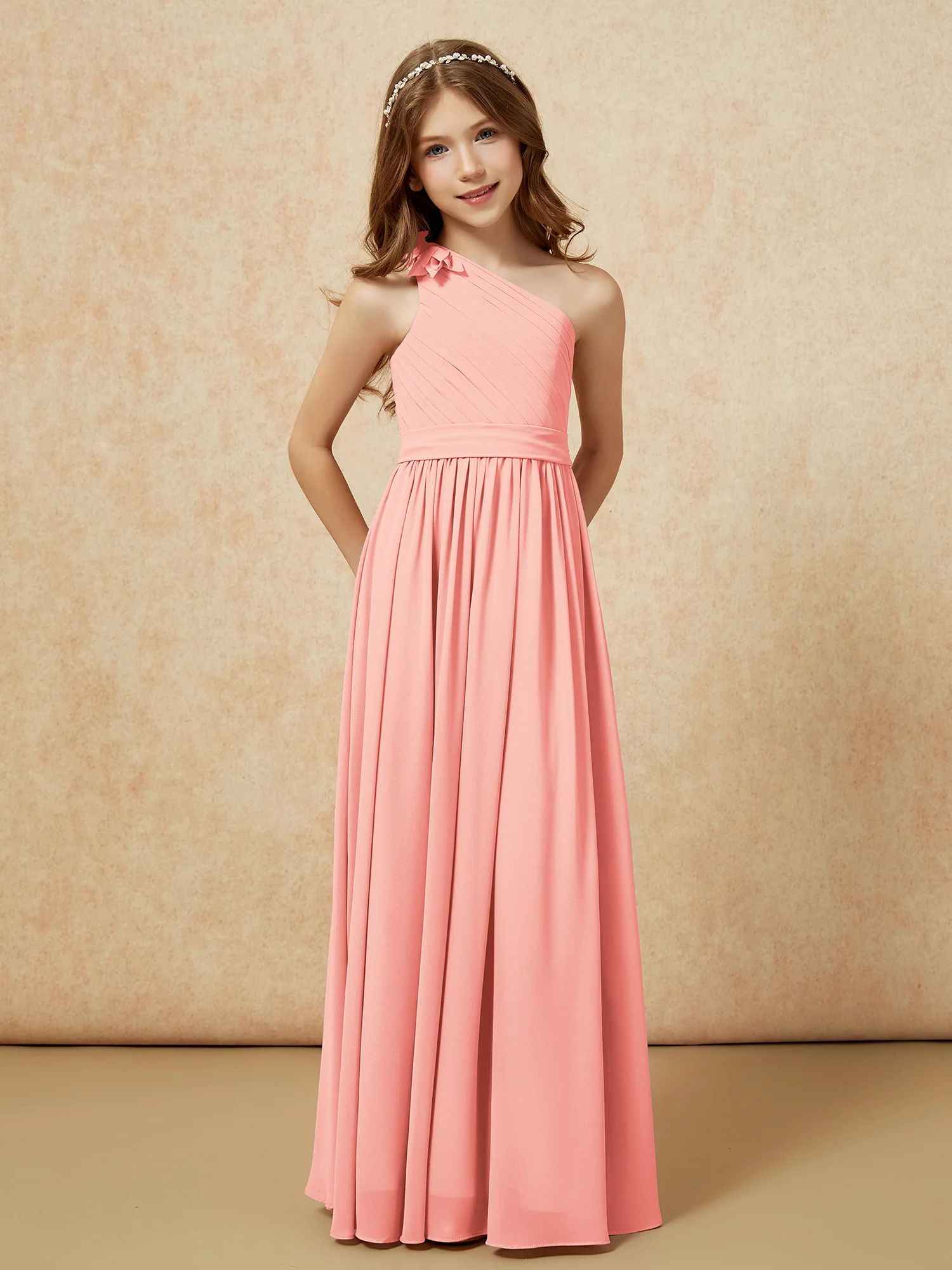 One Shoulder Long Junior Bridesmaid Dress With Belt Coral - Image 5