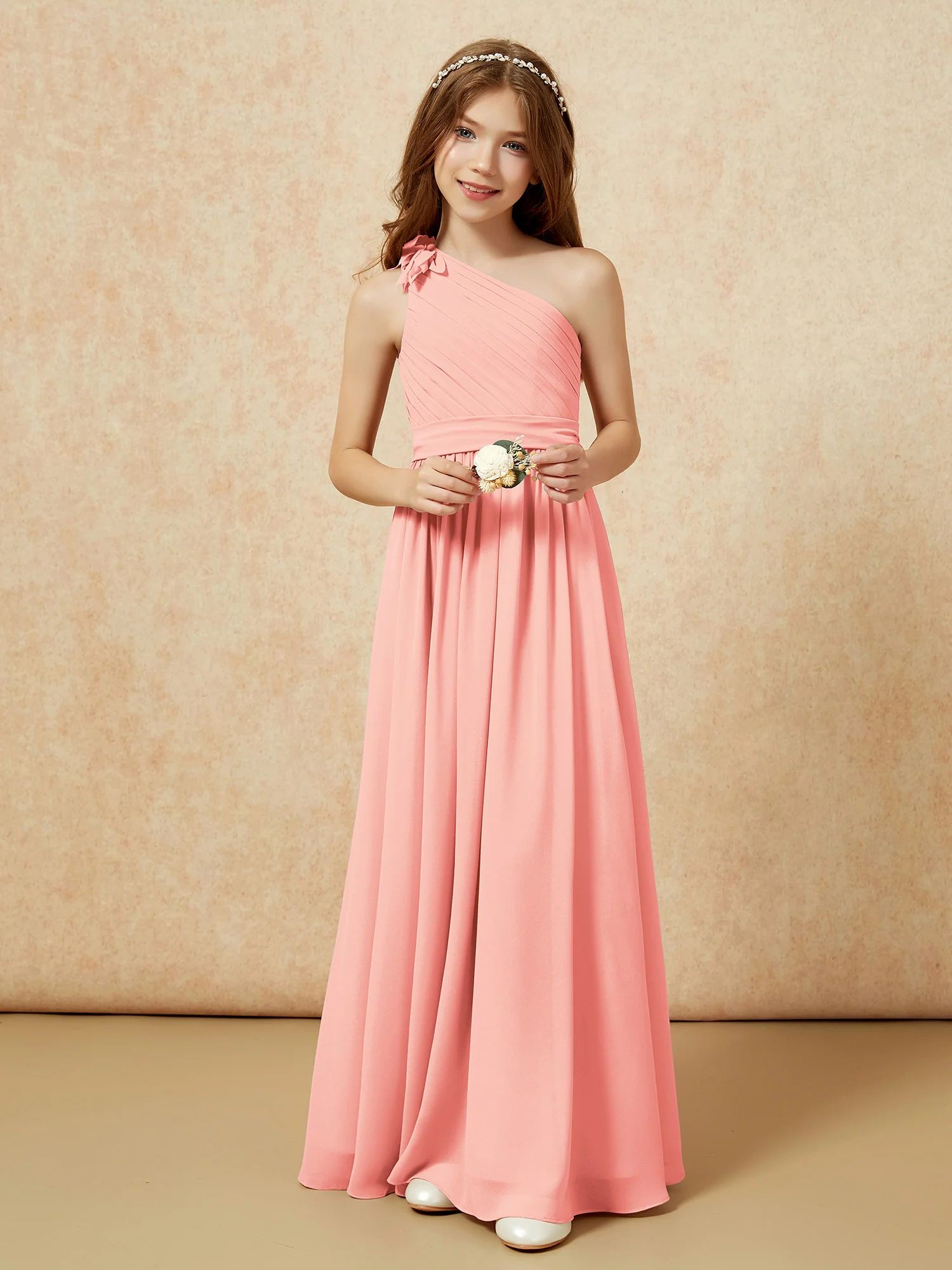 One Shoulder Long Junior Bridesmaid Dress With Belt Coral - Image 6