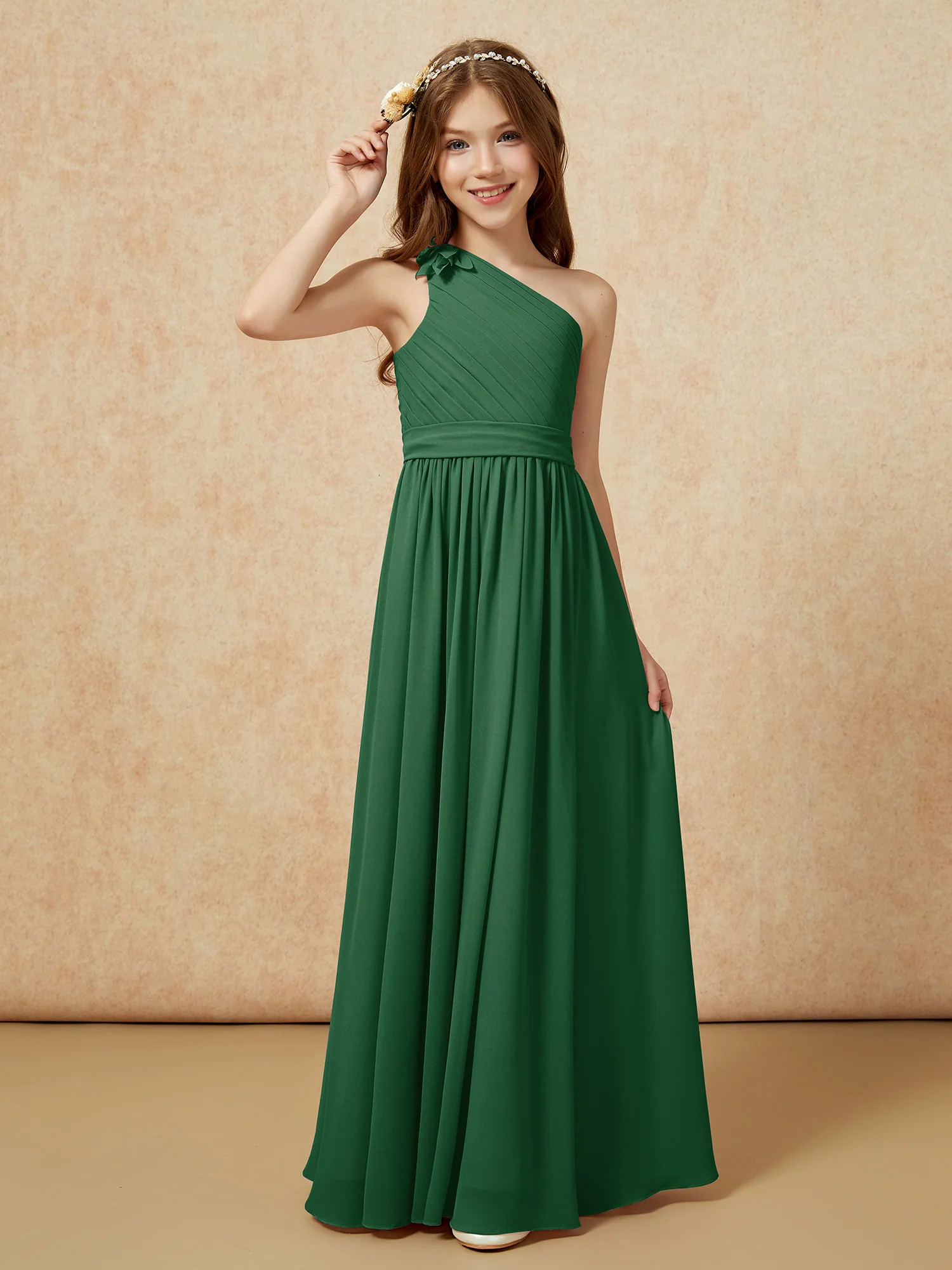 One Shoulder Long Junior Bridesmaid Dress With Belt Dark Green - Image 3