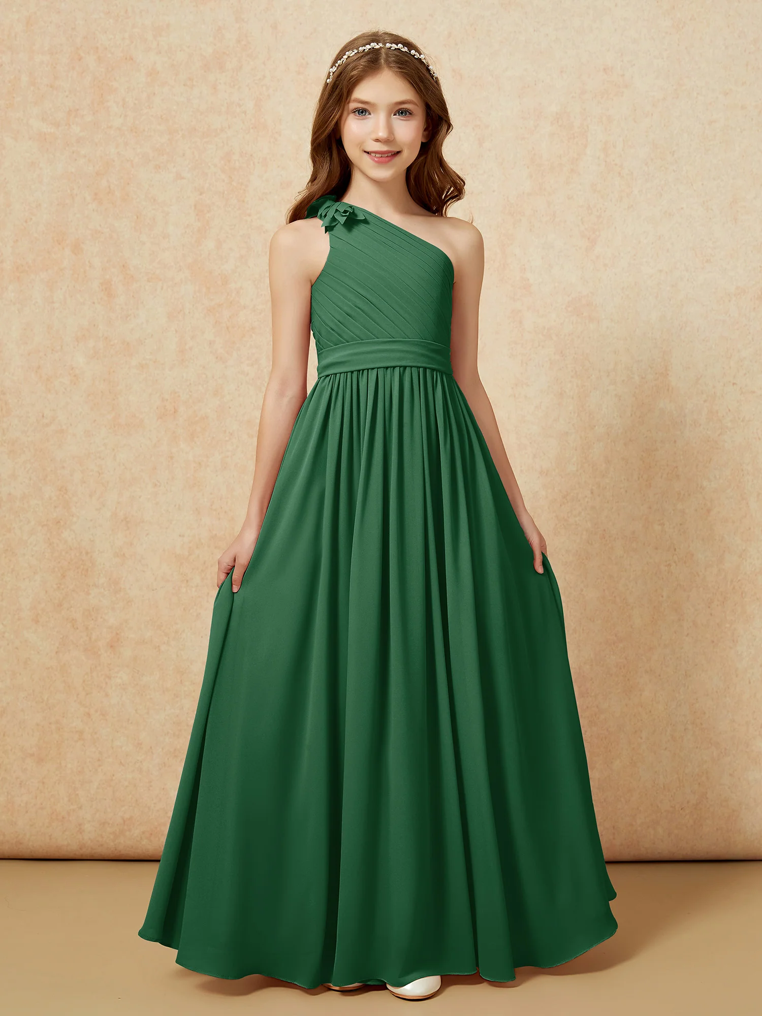 One Shoulder Long Junior Bridesmaid Dress With Belt Dark Green - Image 4