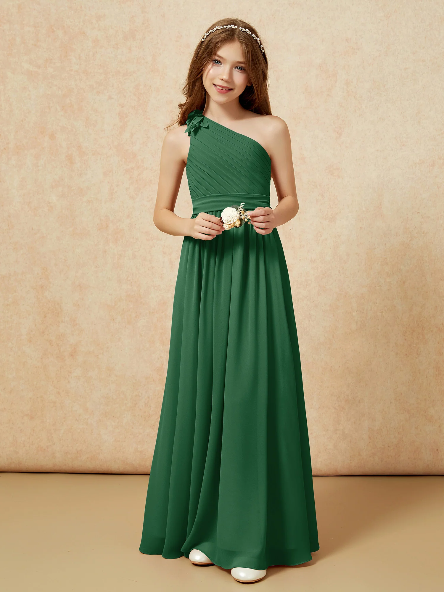 One Shoulder Long Junior Bridesmaid Dress With Belt Dark Green - Image 6