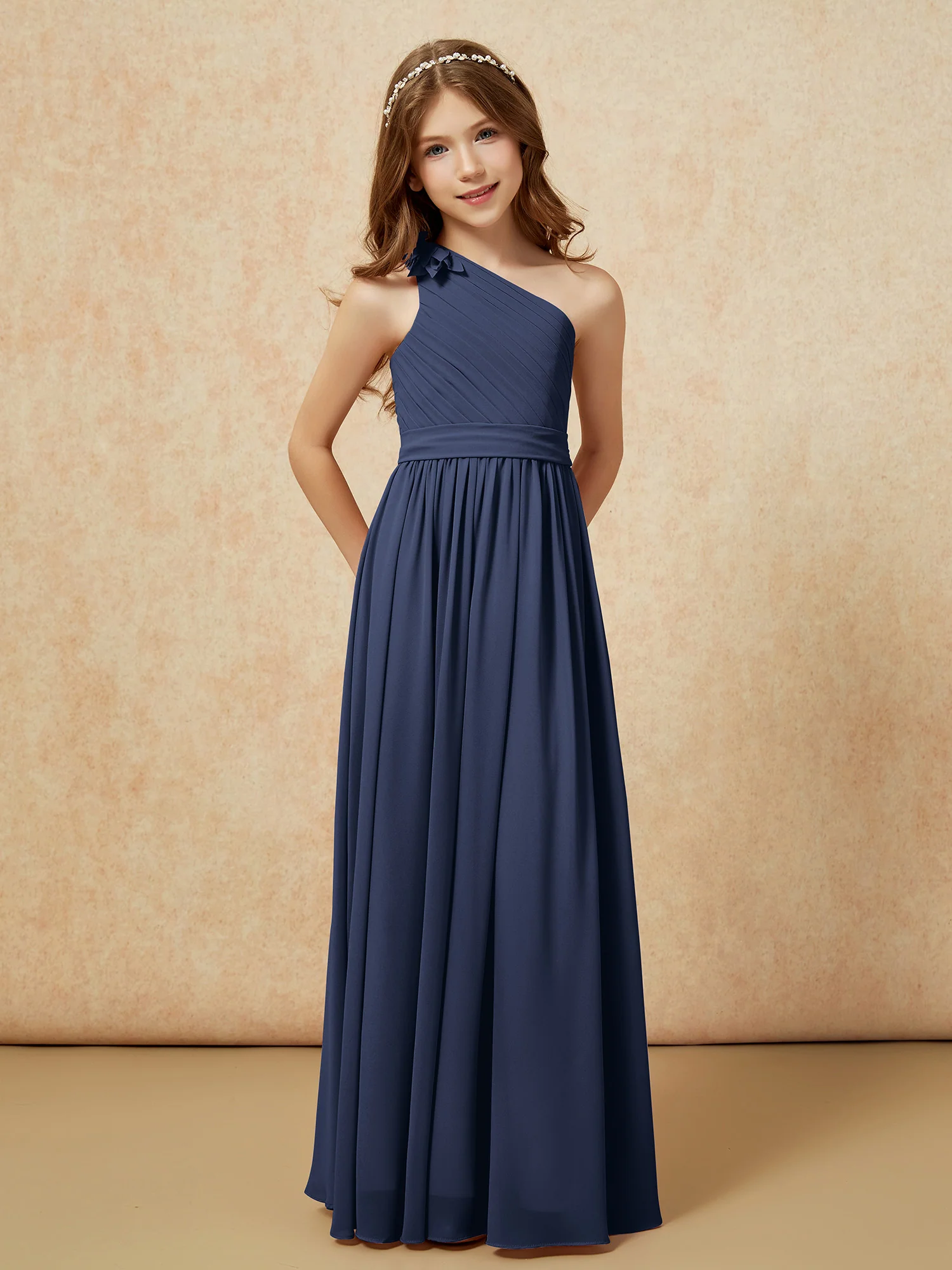 One Shoulder Long Junior Bridesmaid Dress With Belt Dark Navy - Image 5