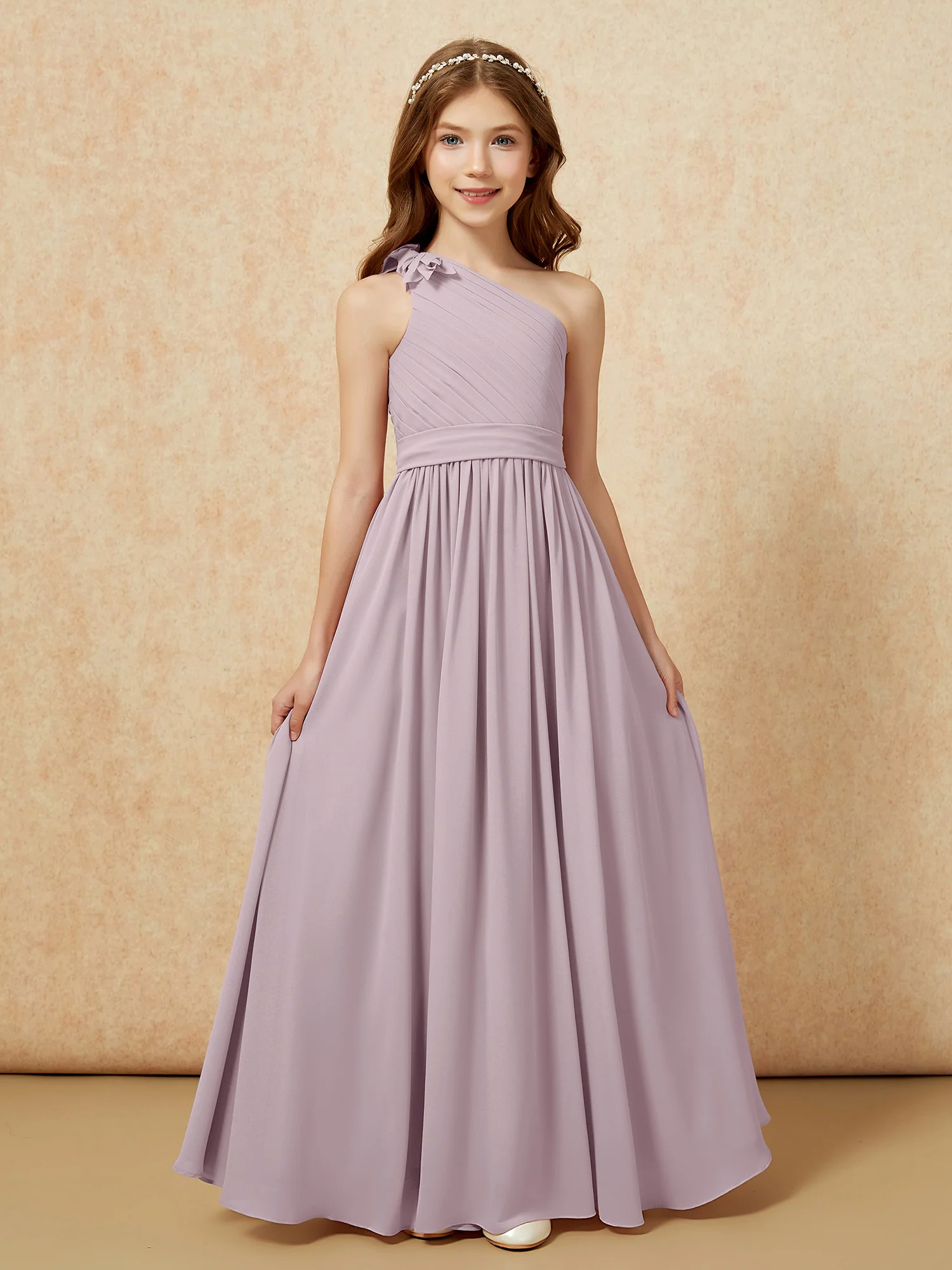 One Shoulder Long Junior Bridesmaid Dress With Belt Dusk - Image 4