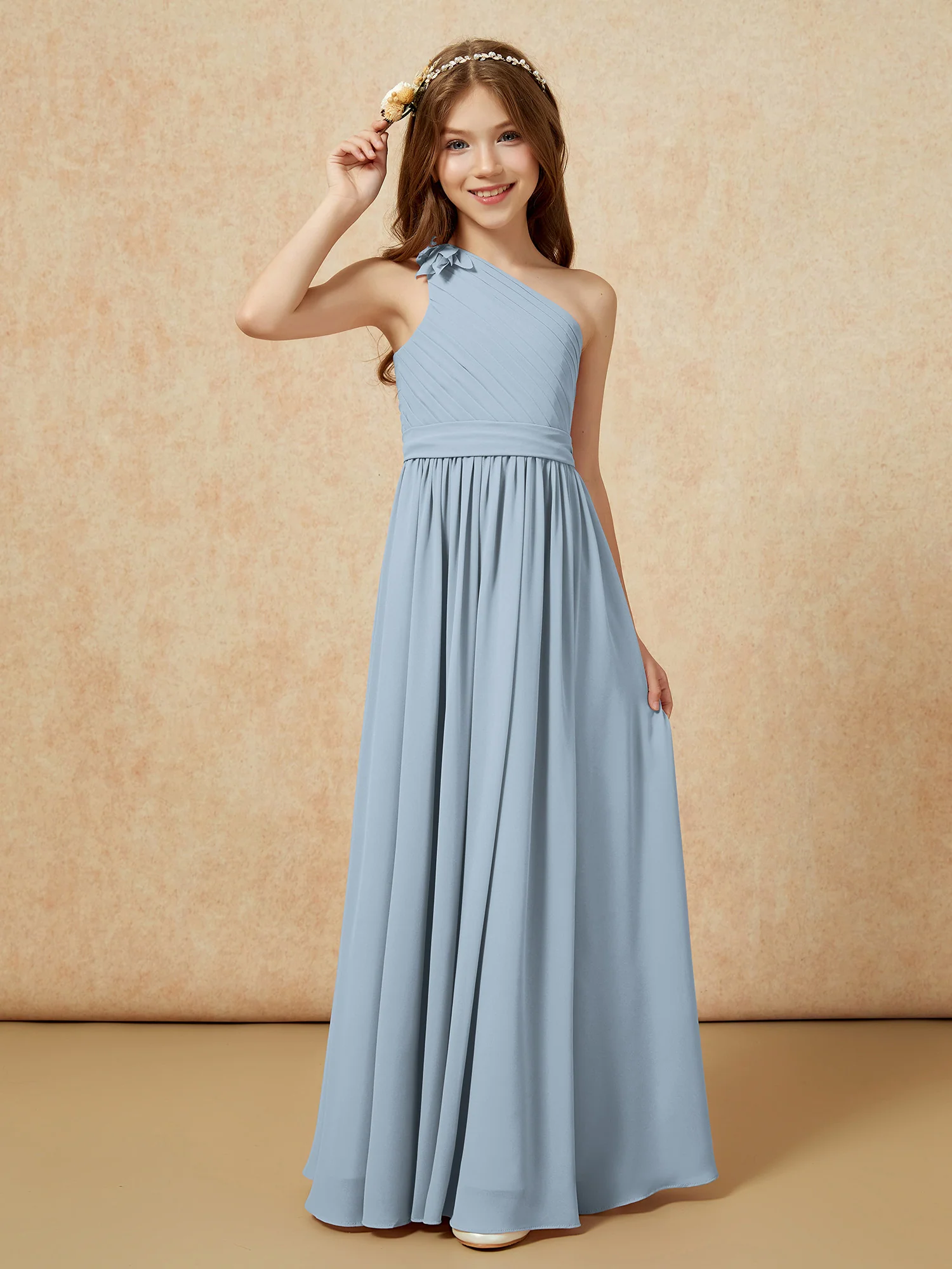 One Shoulder Long Junior Bridesmaid Dress With Belt Dusty Blue - Image 3