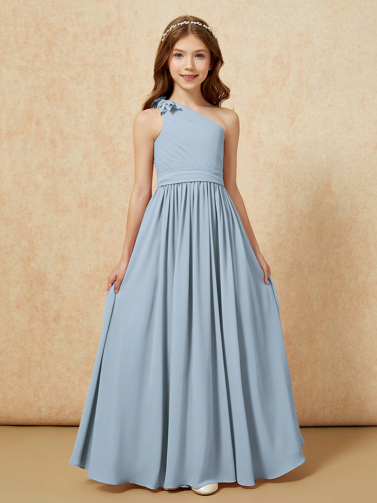One Shoulder Long Junior Bridesmaid Dress With Belt Dusty Blue - Image 4