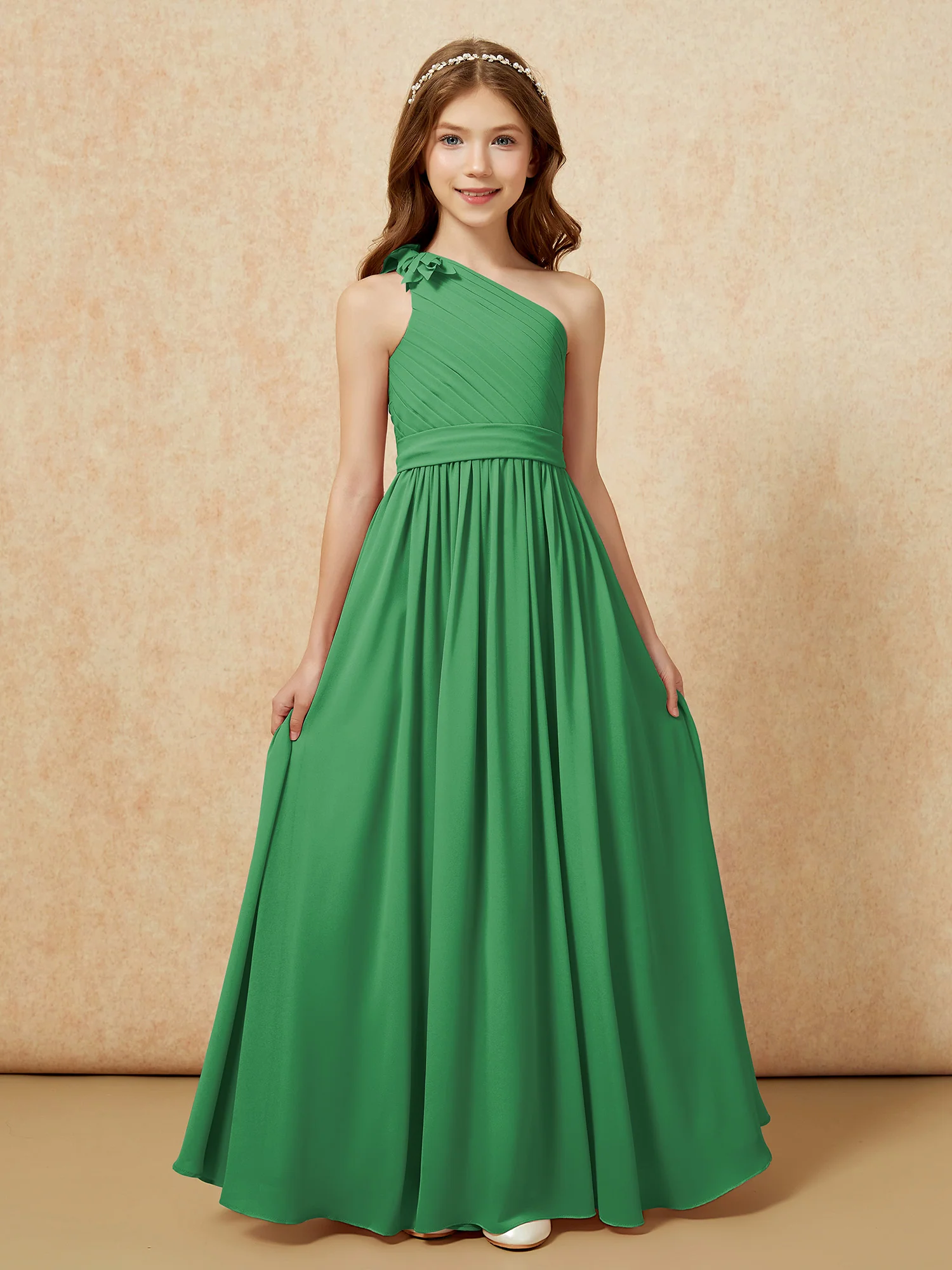 One Shoulder Long Junior Bridesmaid Dress With Belt Emerald - Image 4
