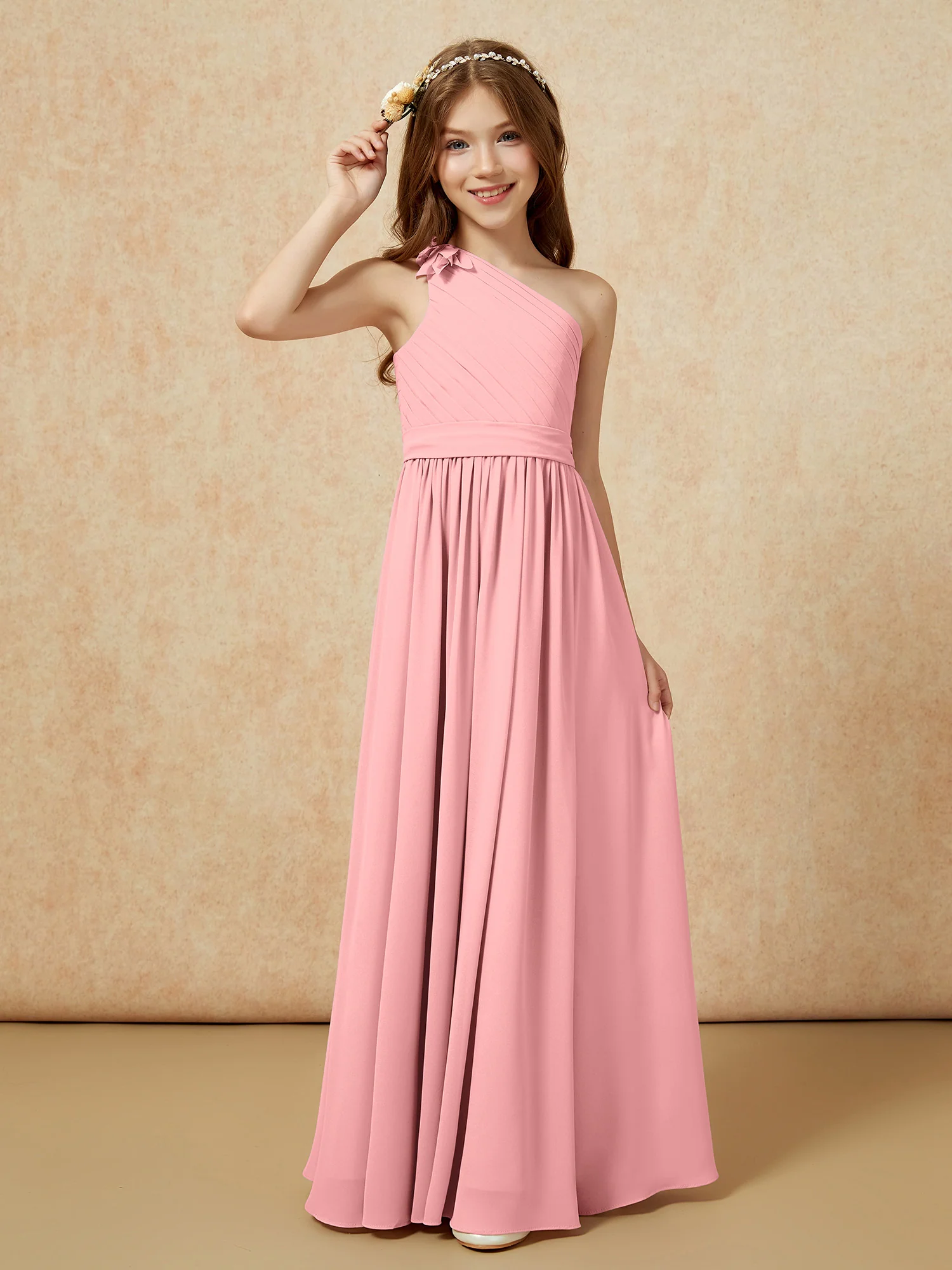 One Shoulder Long Junior Bridesmaid Dress With Belt Flamingo - Image 3