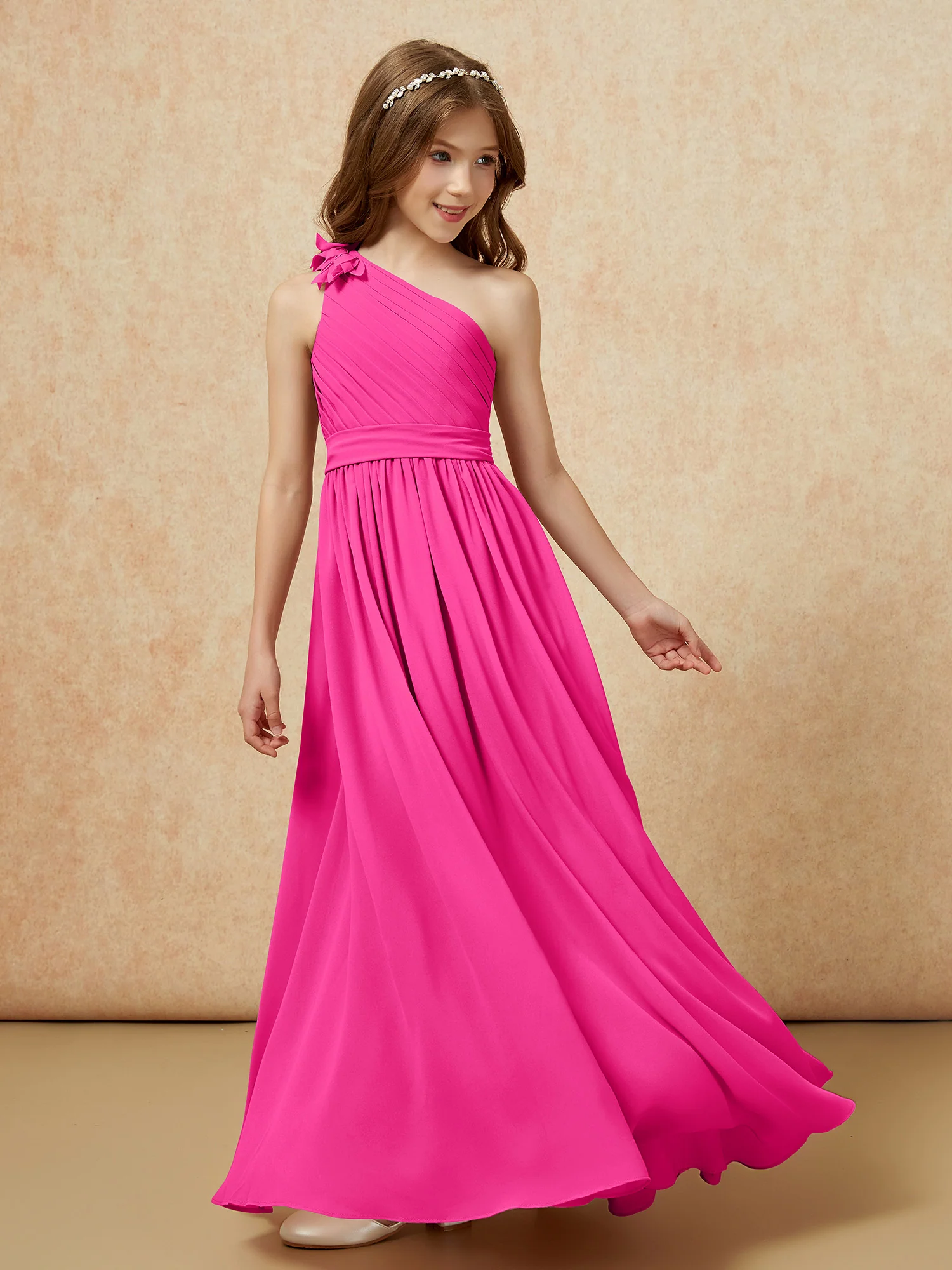 One Shoulder Long Junior Bridesmaid Dress With Belt Fuchsia