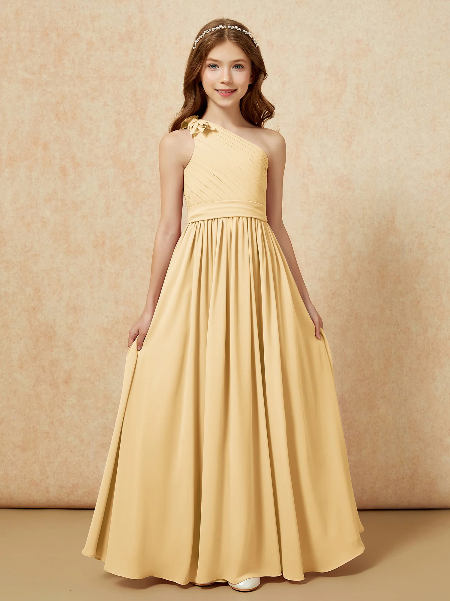 One Shoulder Long Junior Bridesmaid Dress With Belt Gold - Image 4