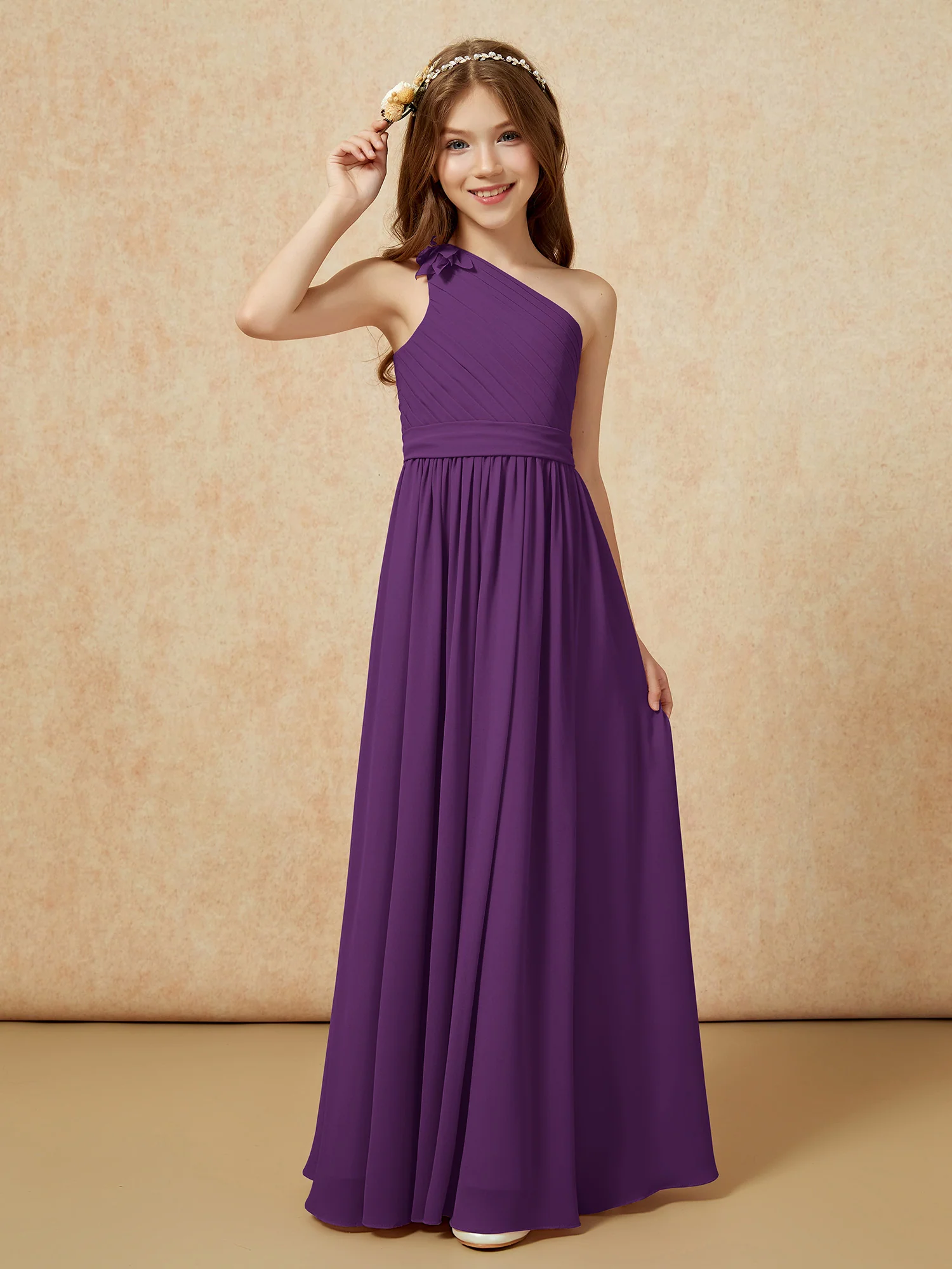 One Shoulder Long Junior Bridesmaid Dress With Belt Grape - Image 3
