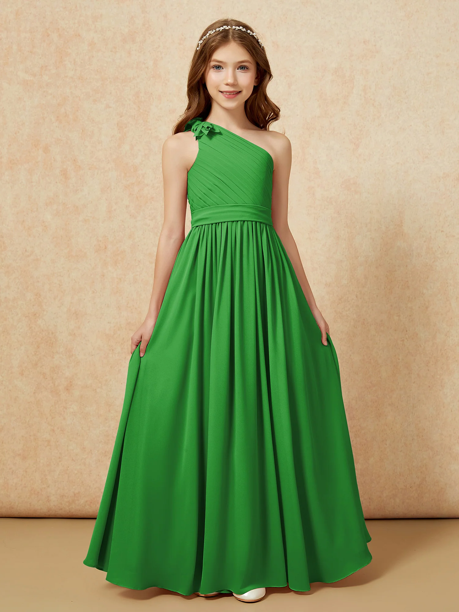 One Shoulder Long Junior Bridesmaid Dress With Belt Green - Image 4