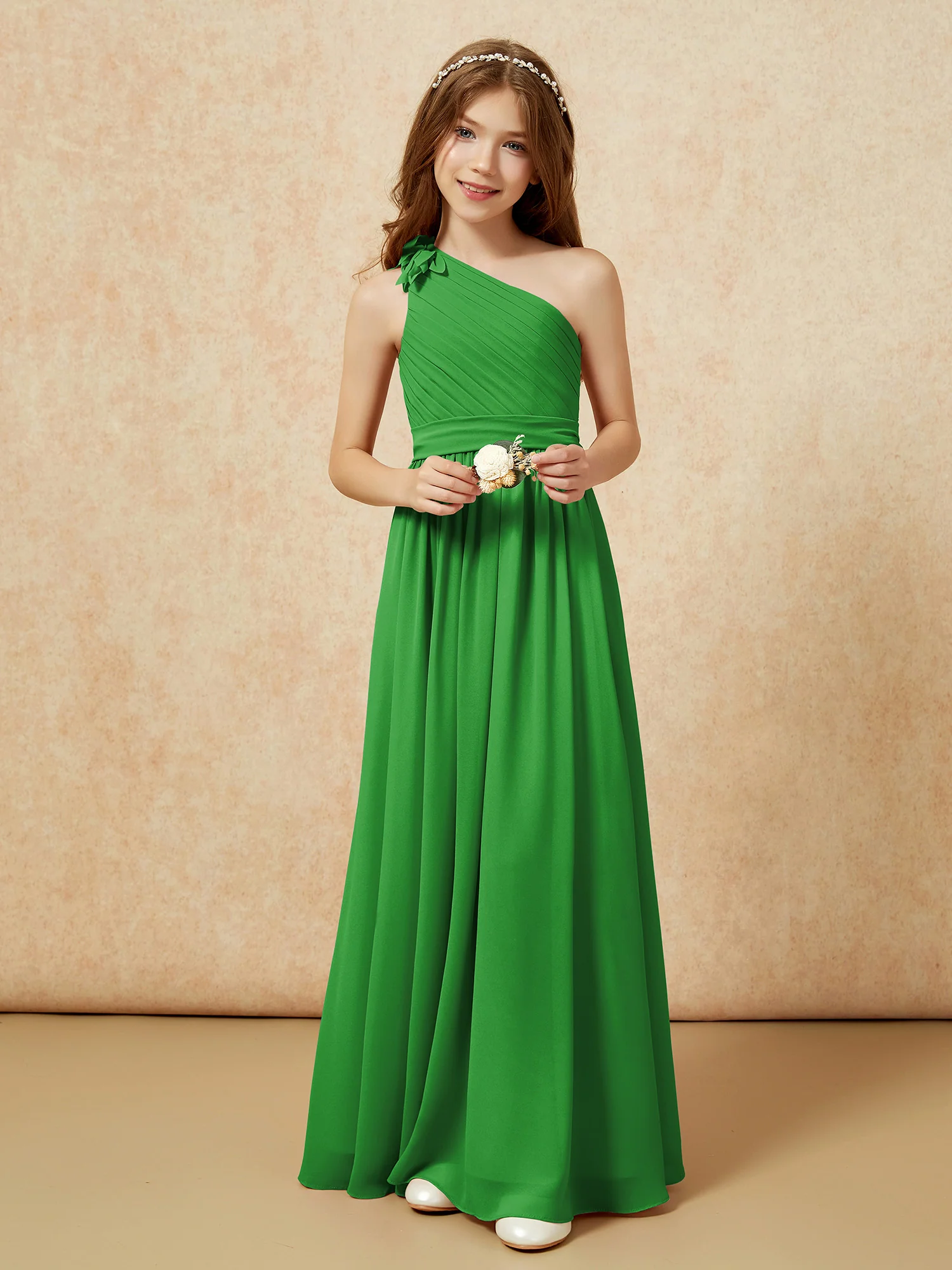 One Shoulder Long Junior Bridesmaid Dress With Belt Green - Image 6