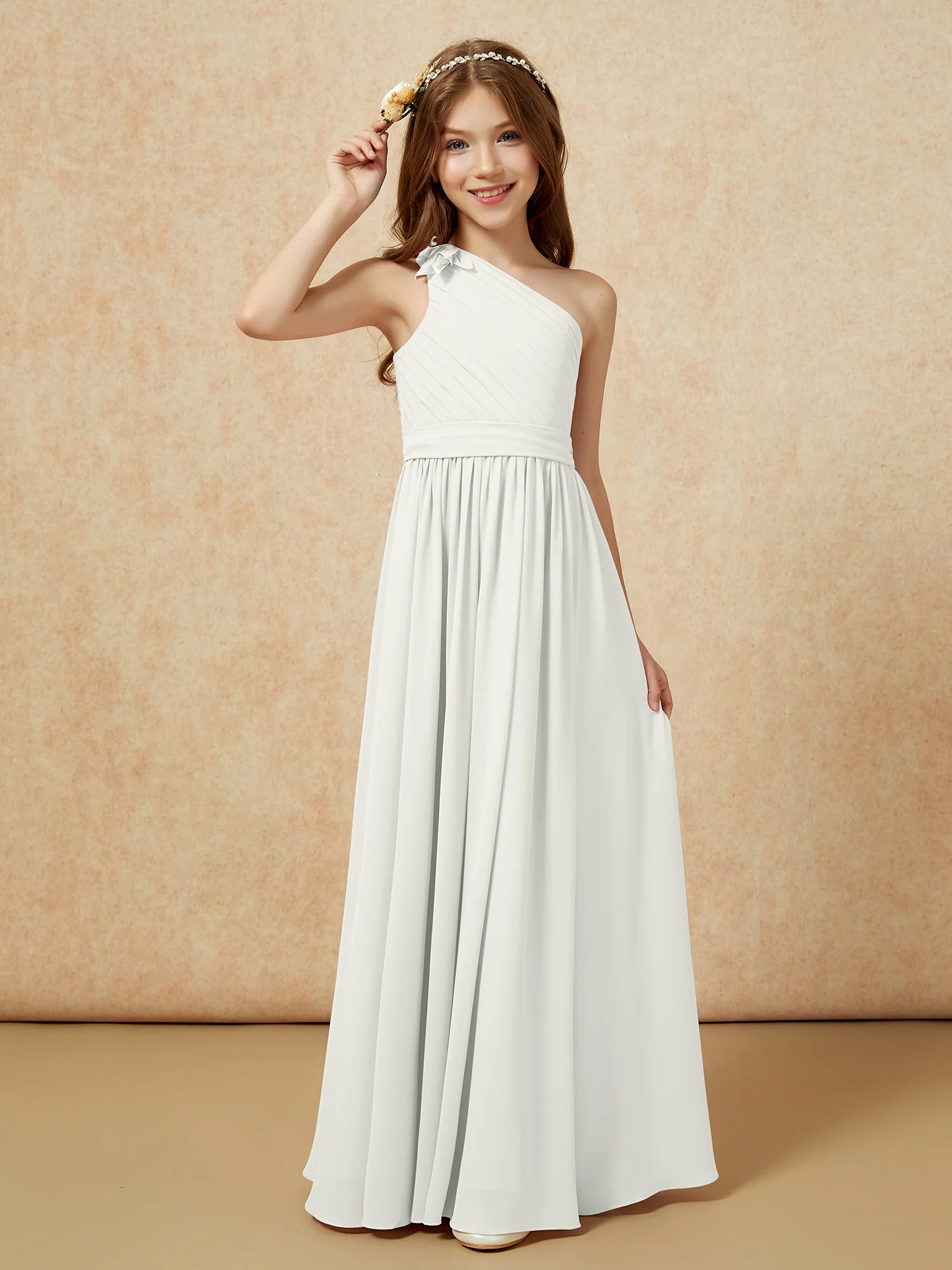 One Shoulder Long Junior Bridesmaid Dress With Belt Ivory - Image 3