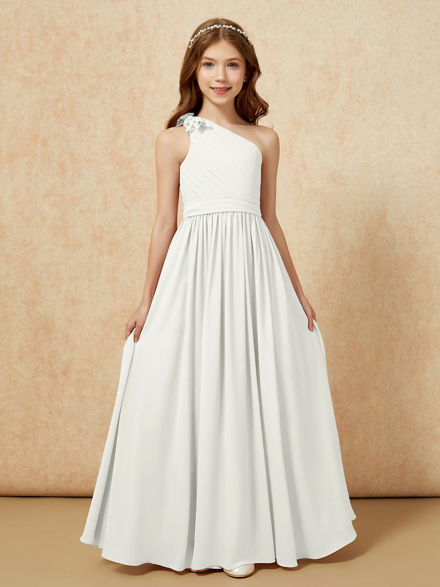 One Shoulder Long Junior Bridesmaid Dress With Belt Ivory - Image 4