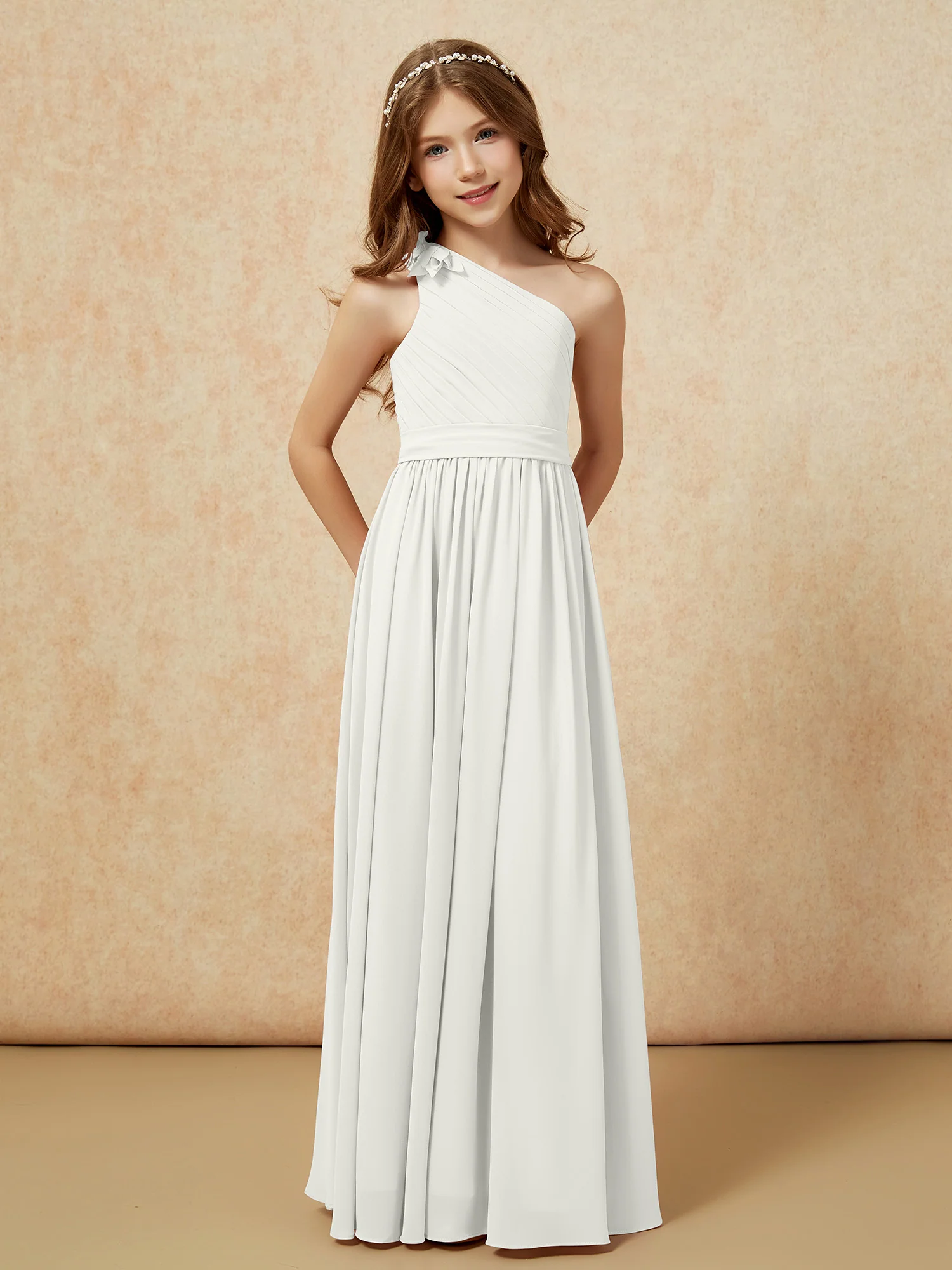 One Shoulder Long Junior Bridesmaid Dress With Belt Ivory - Image 5