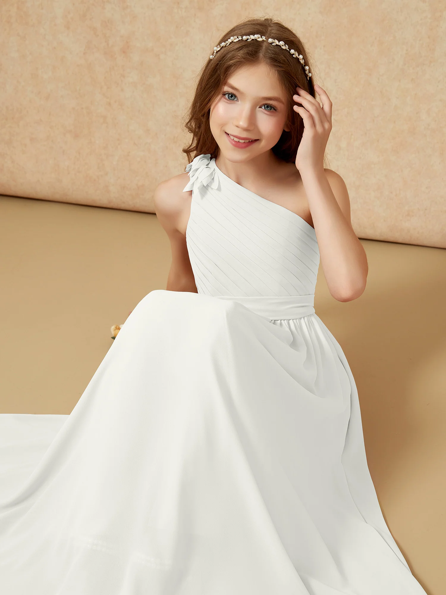 One Shoulder Long Junior Bridesmaid Dress With Belt Ivory - Image 7