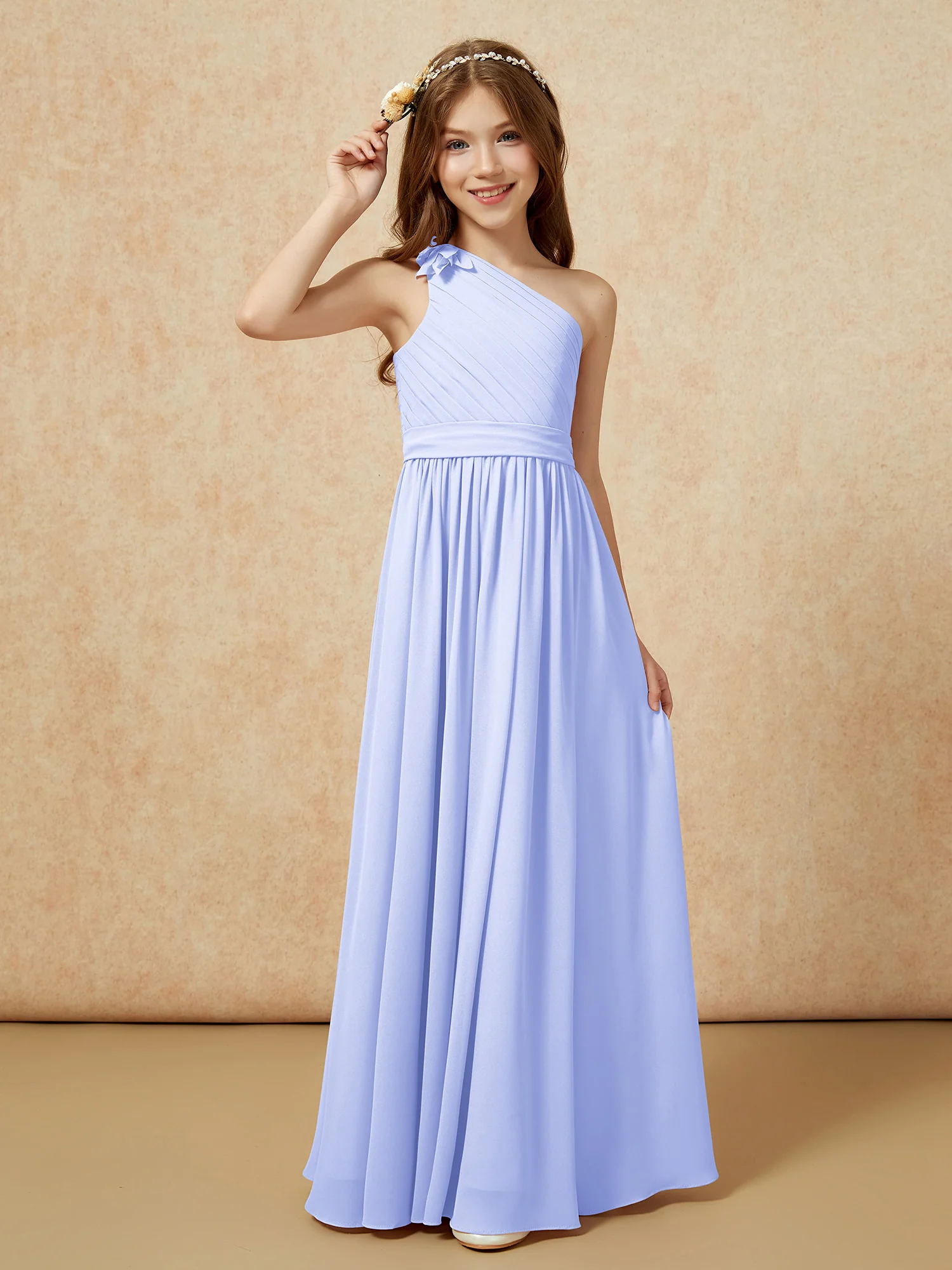 One Shoulder Long Junior Bridesmaid Dress With Belt Lavender - Image 3