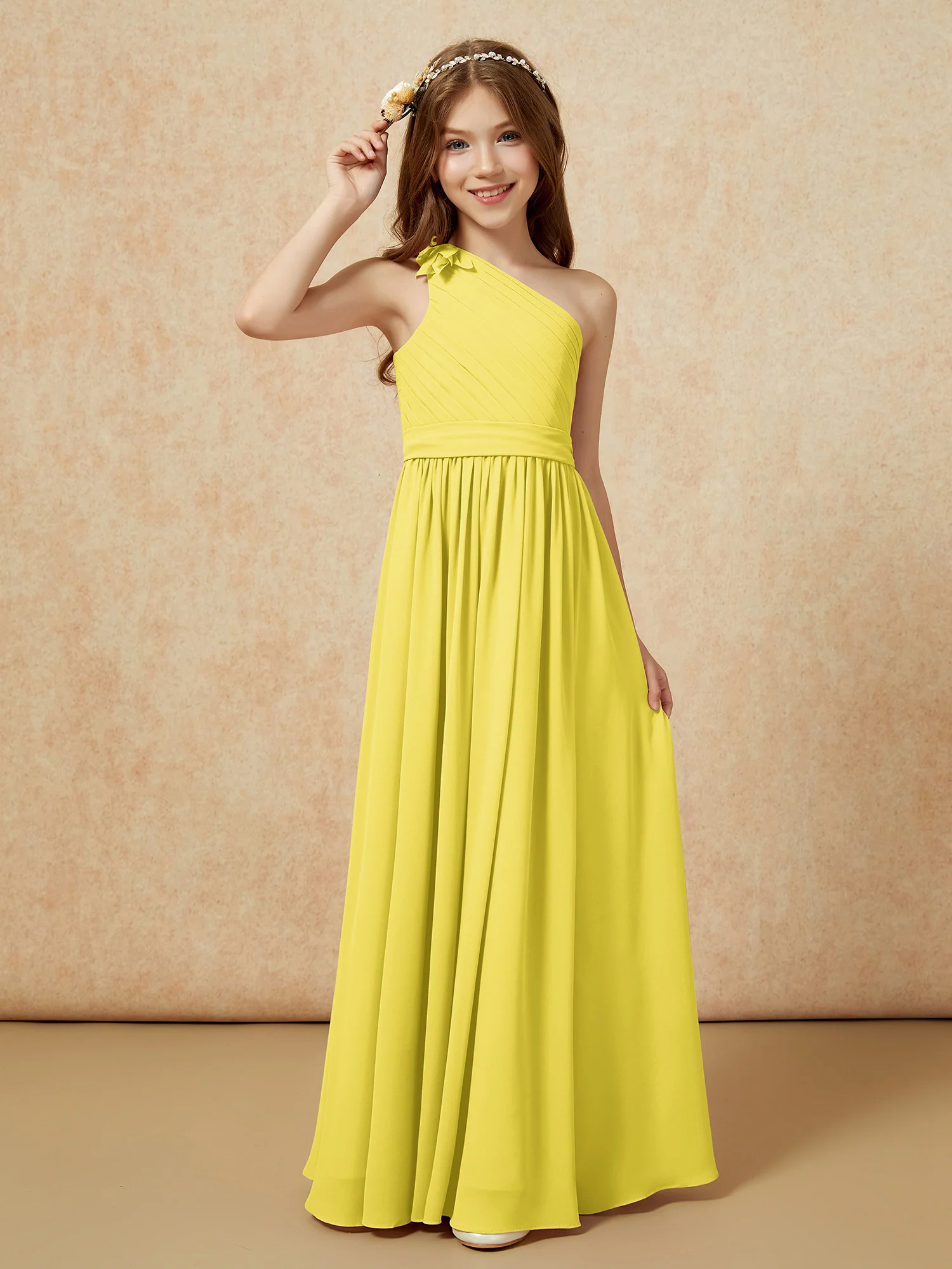One Shoulder Long Junior Bridesmaid Dress With Belt Lemon - Image 3