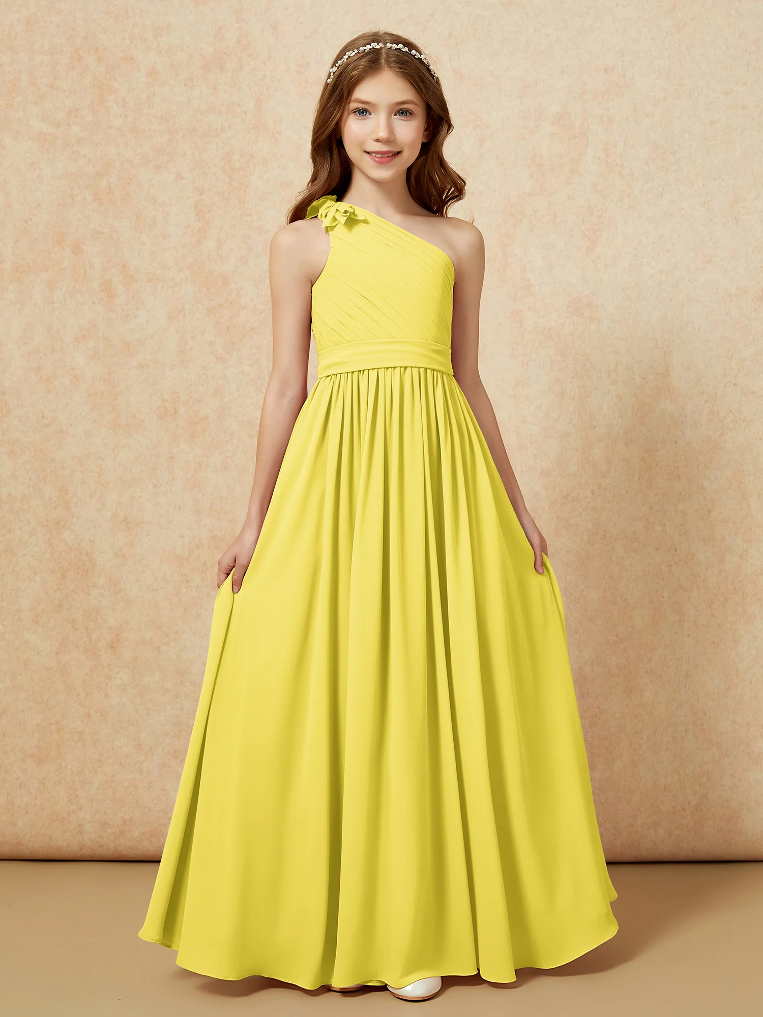 One Shoulder Long Junior Bridesmaid Dress With Belt Lemon - Image 4