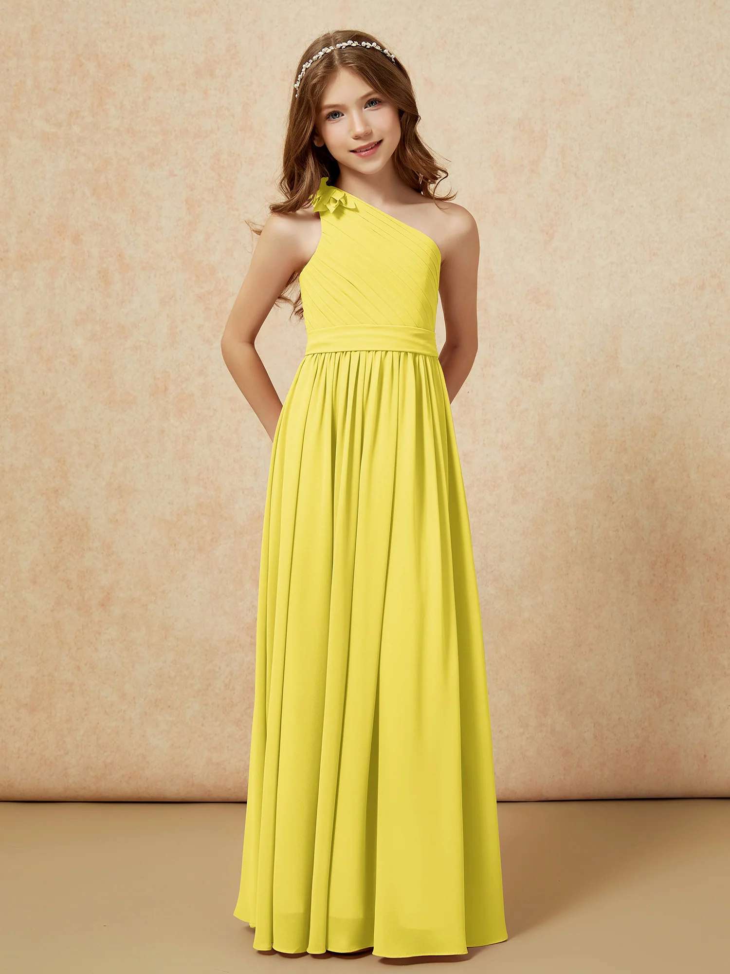 One Shoulder Long Junior Bridesmaid Dress With Belt Lemon - Image 5