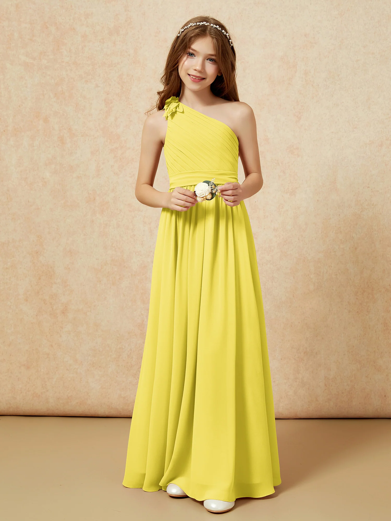 One Shoulder Long Junior Bridesmaid Dress With Belt Lemon - Image 6