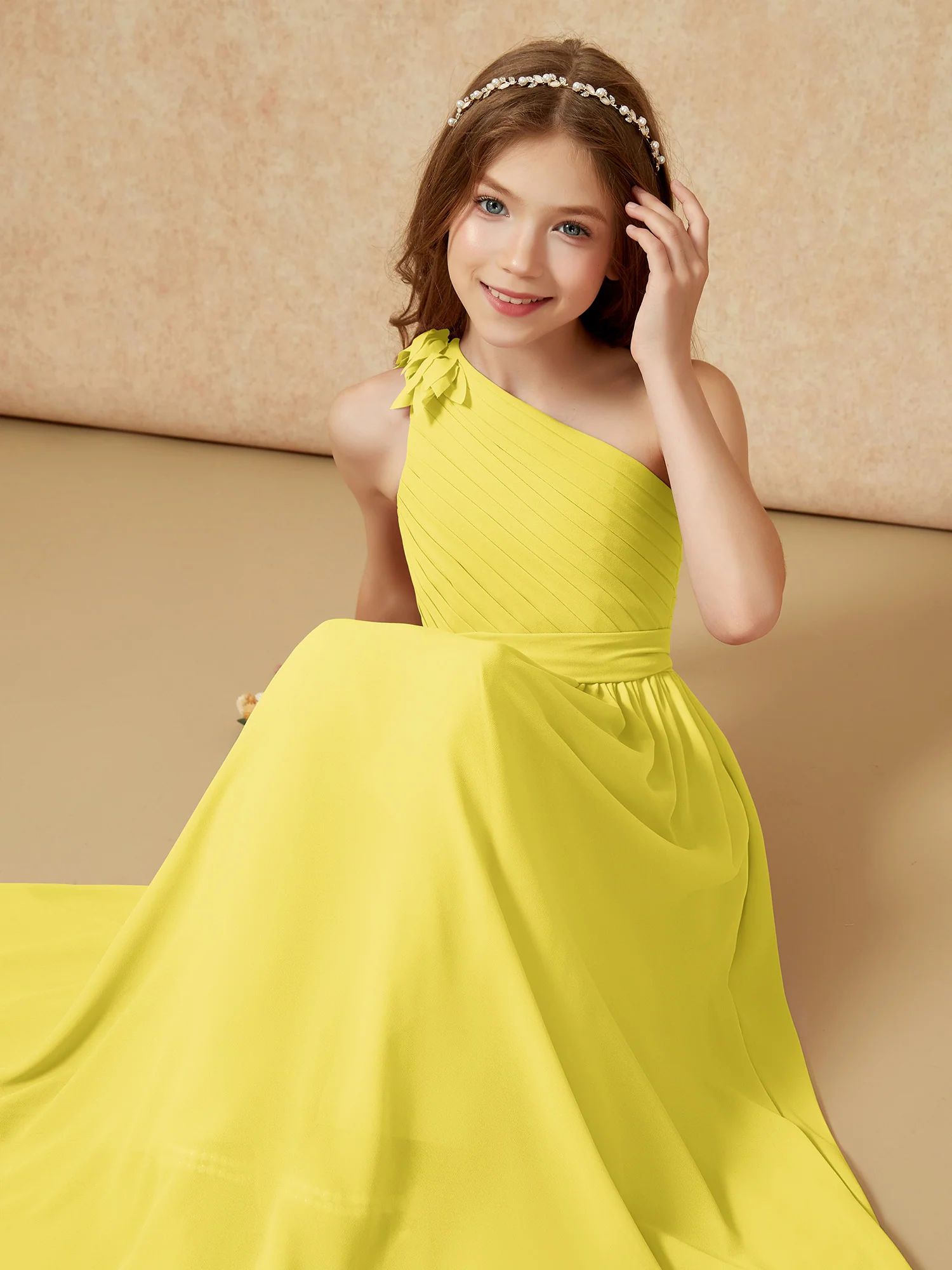 One Shoulder Long Junior Bridesmaid Dress With Belt Lemon - Image 7