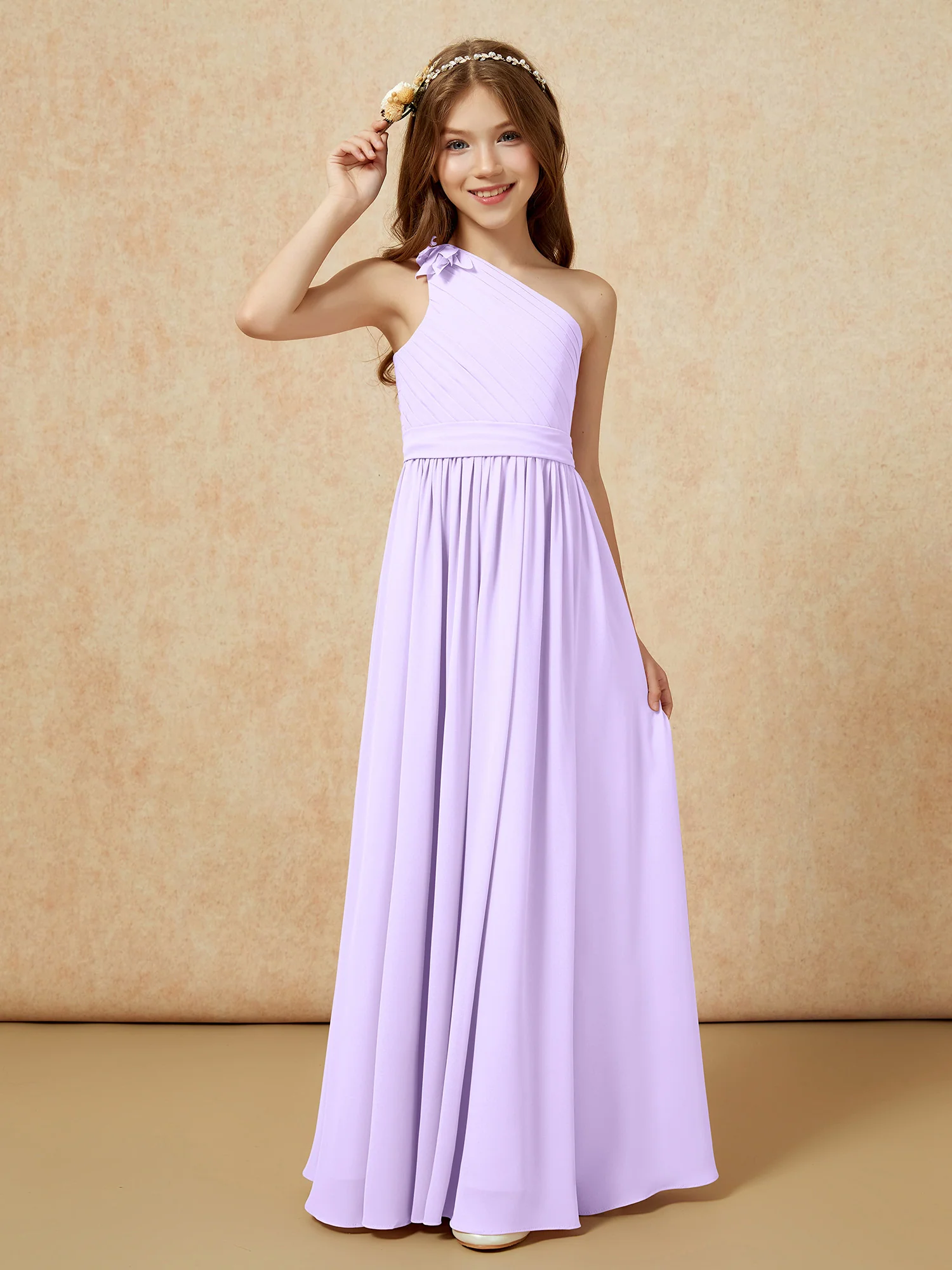 One Shoulder Long Junior Bridesmaid Dress With Belt Lilac - Image 3