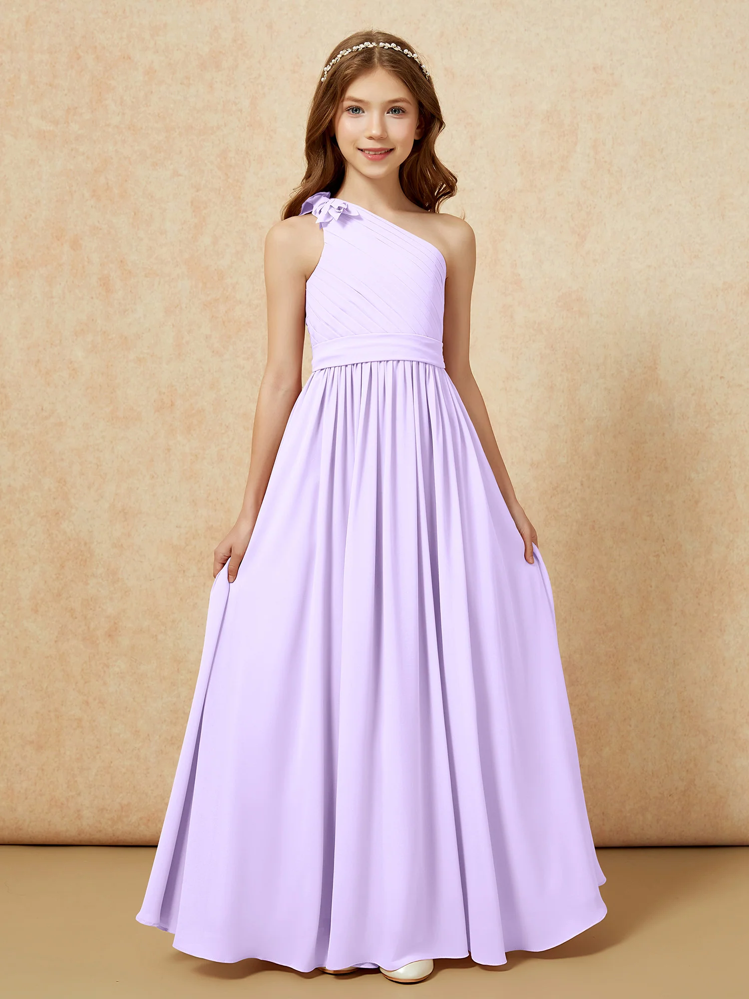One Shoulder Long Junior Bridesmaid Dress With Belt Lilac - Image 4