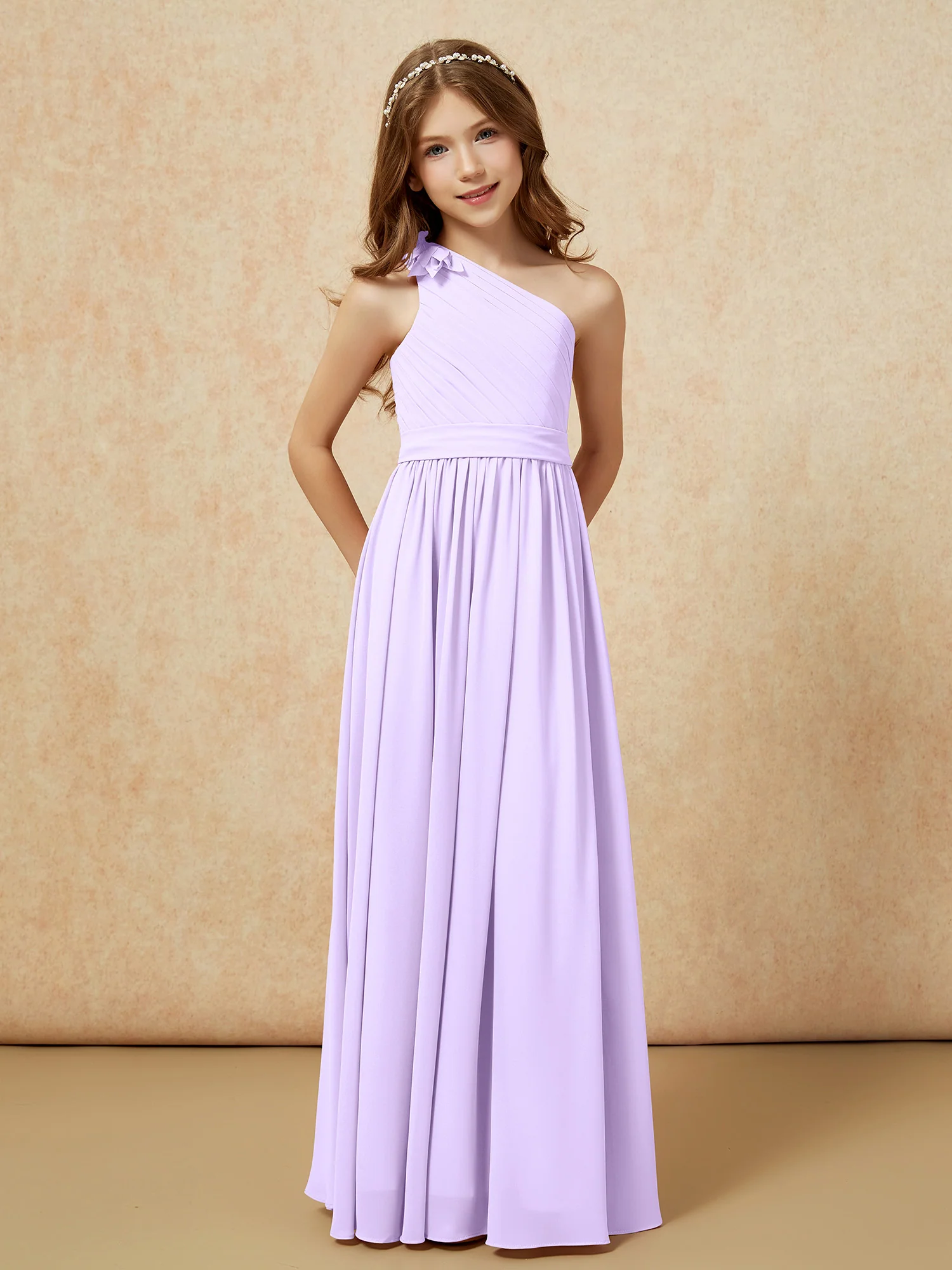 One Shoulder Long Junior Bridesmaid Dress With Belt Lilac - Image 5