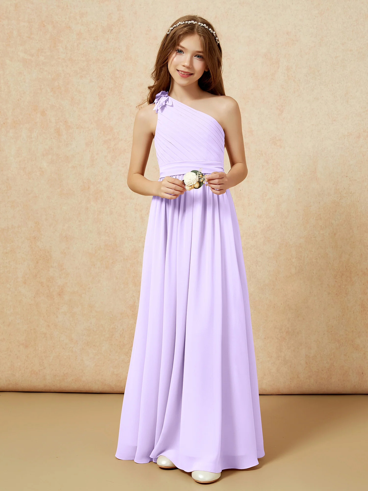 One Shoulder Long Junior Bridesmaid Dress With Belt Lilac - Image 6