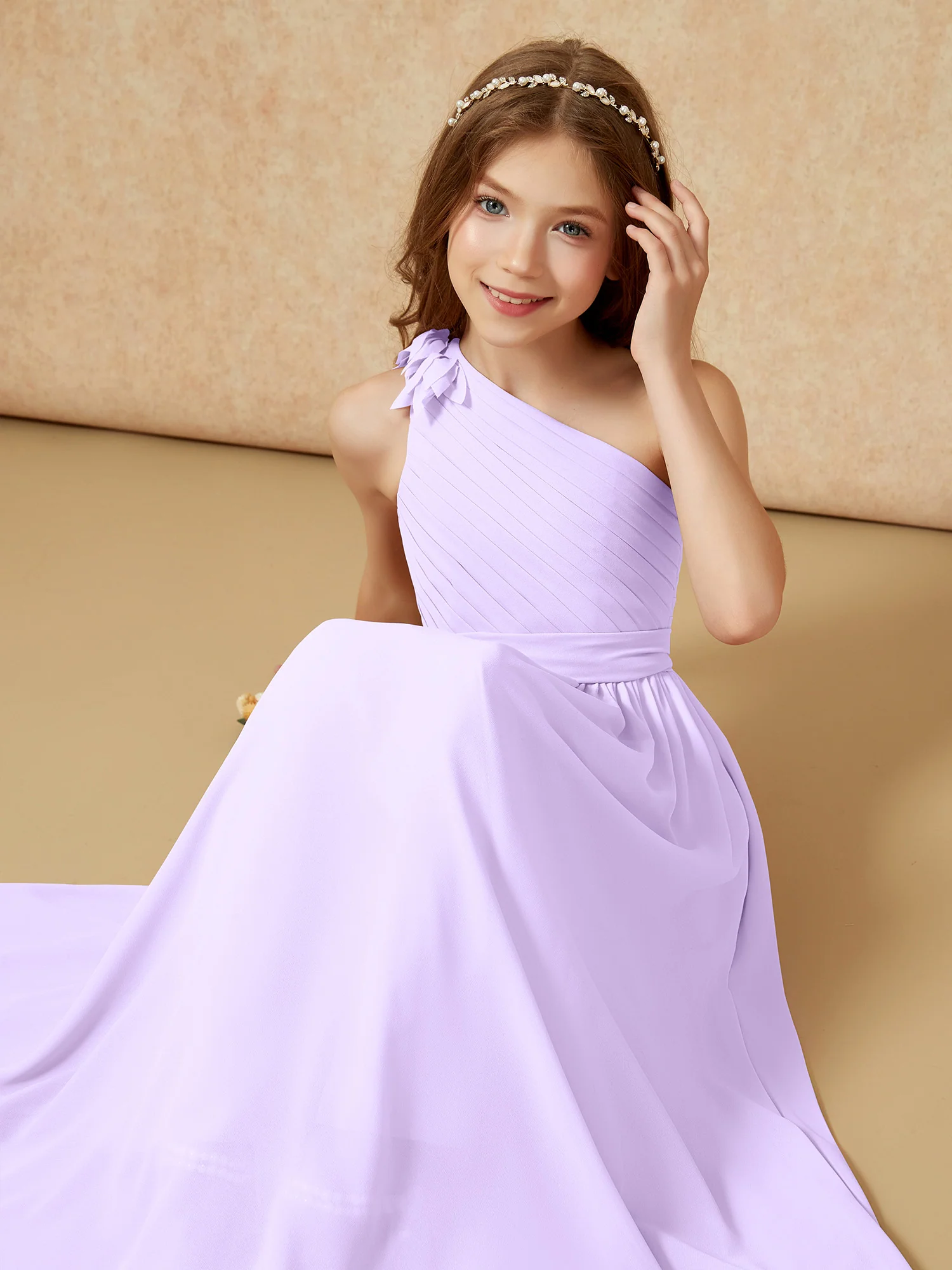 One Shoulder Long Junior Bridesmaid Dress With Belt Lilac - Image 7