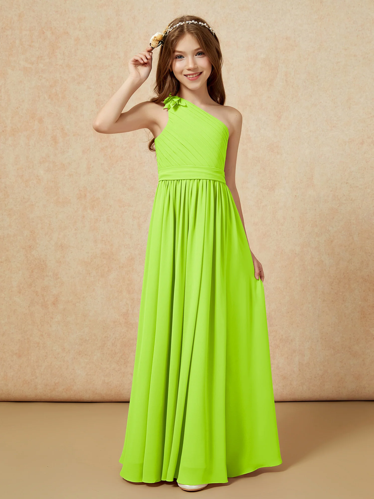 One Shoulder Long Junior Bridesmaid Dress With Belt Lime Green - Image 3