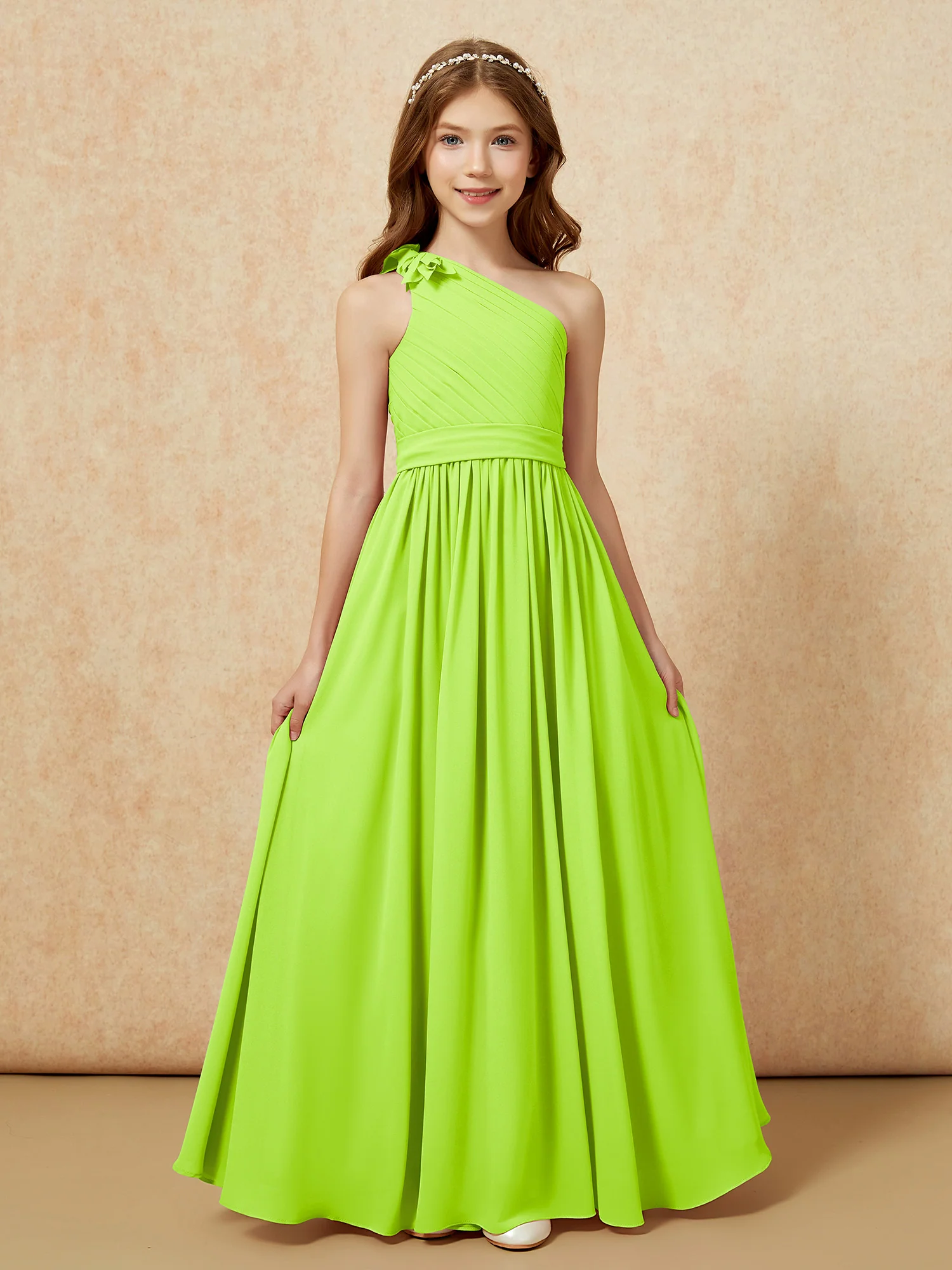 One Shoulder Long Junior Bridesmaid Dress With Belt Lime Green - Image 4